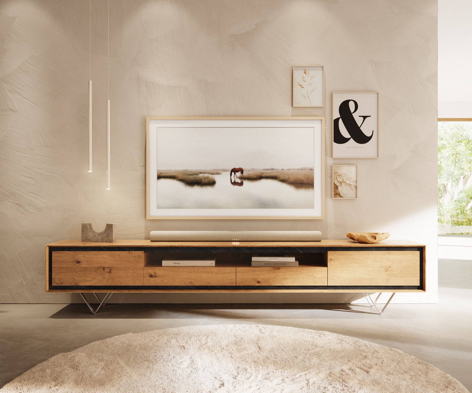 Meuble-TV Stonegrace 240 cm chêne naturel 2 portes 1 compartiment 2 tiroirs placage pierre pied en V inoxydable 1 Meuble-TV Stonegrace 240 cm chêne naturel 2 portes 1 compartiment 2 tiroirs placage pierre pied en V inoxydable 1
