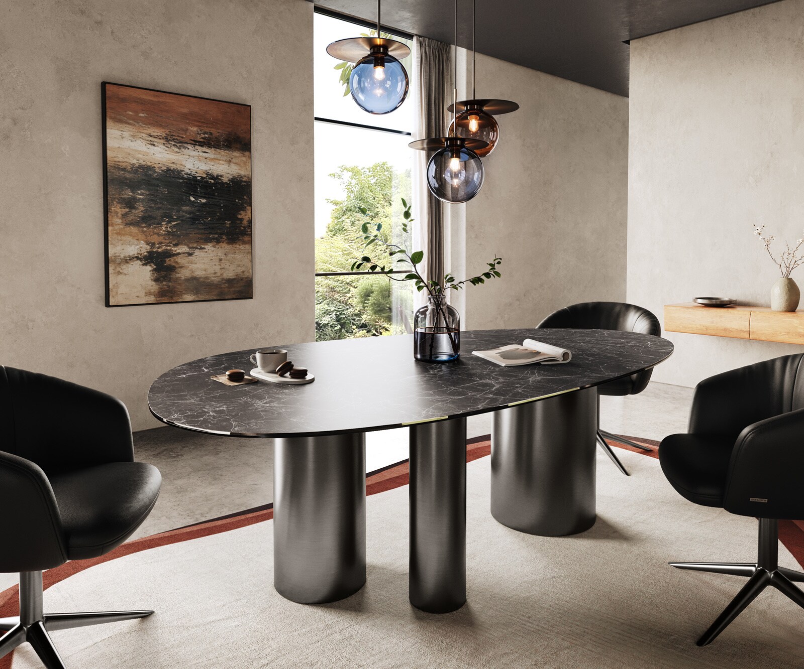 Table à manger Edge ovalee 220x120 céramique Laminam® Nero Greco anthracite Troa acier inoxydable graphite