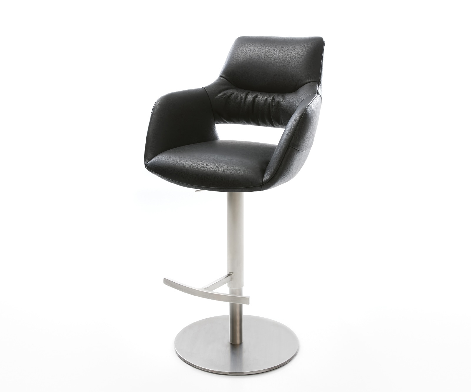 Chaise-de-bar Yago-Flex cuir véritable noir pied pivotant réglable en hauteur acier inoxydable pivotant ressorts ensachés Chaise-de-bar Yago-Flex cuir véritable noir pied pivotant réglable en hauteur acier inoxydable pivotant ressorts ensachés