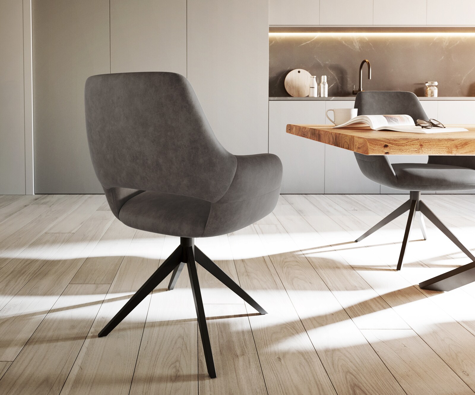 Chaise-de-salle-à-manger Yago-Flex avec accoudoirs microvelours anthracite vintage pied croisé large noir ressorts ensachés 4 Chaise-de-salle-à-manger Yago-Flex avec accoudoirs microvelours anthracite vintage pied croisé large noir ressorts ensachés 4