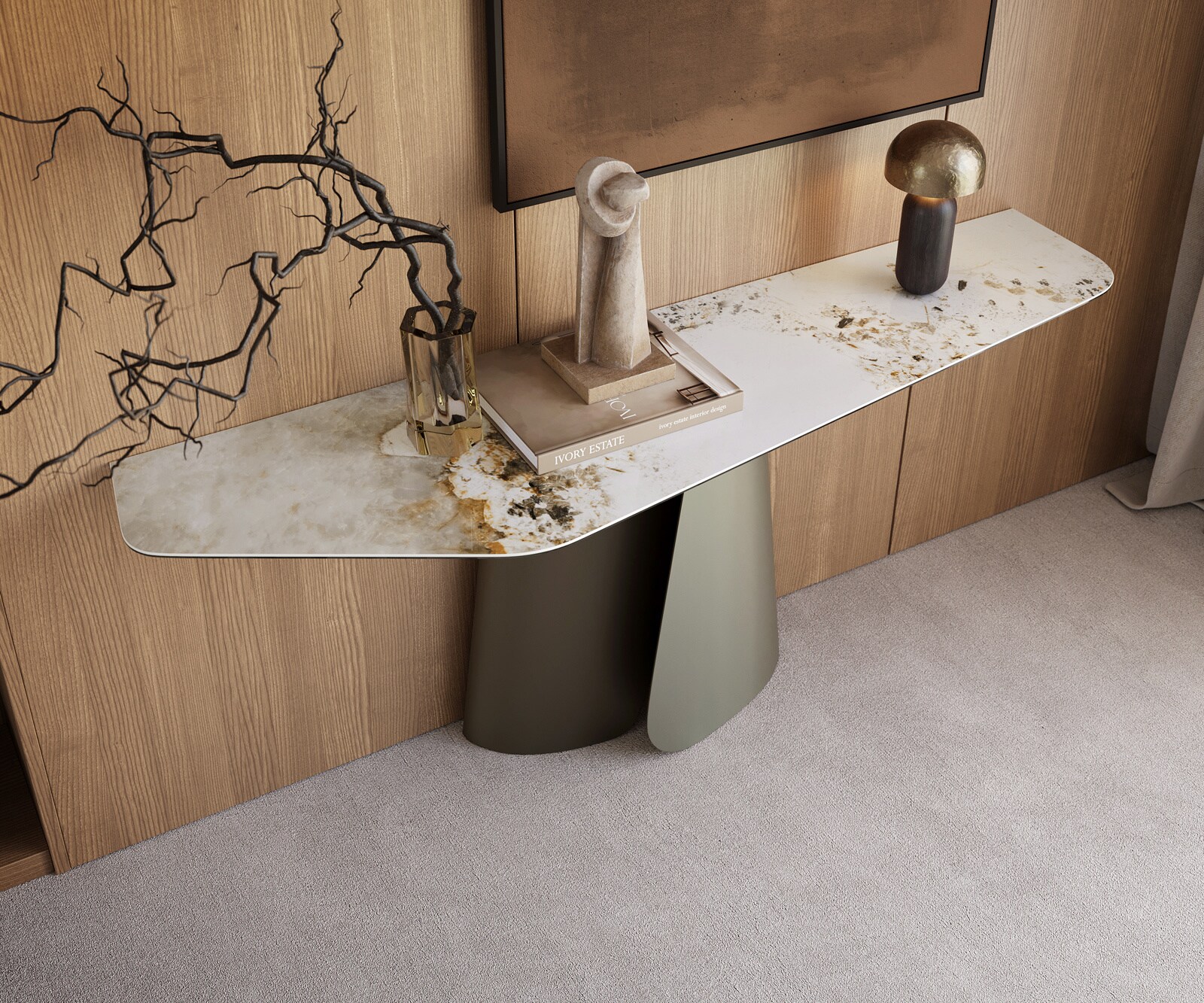 Console Edge Polygonal 180x50 cm Céramique Minas Melange Weiß-Beige Livos Métal Effektfinish Titan 2
