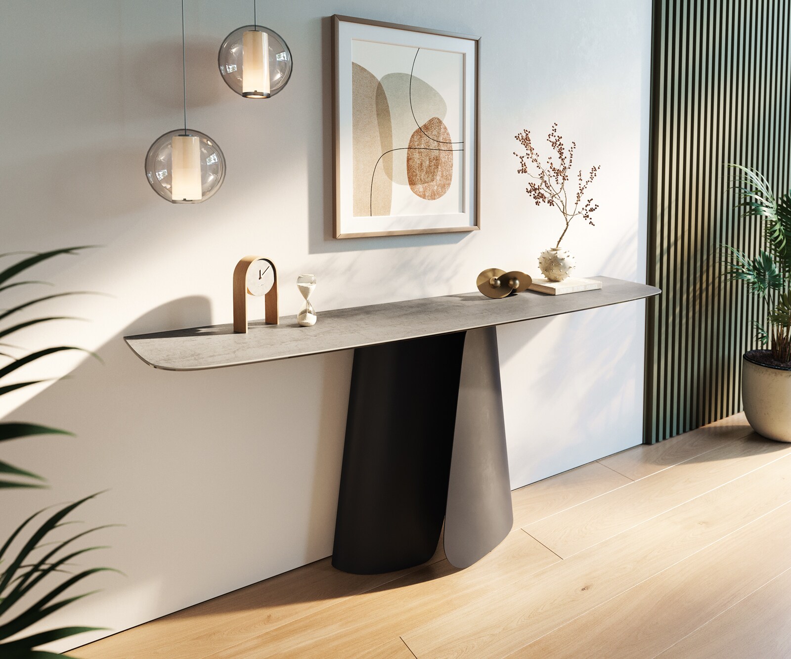 Console Edge forme bateau 180x40 cm Céramique Gris béton Livos Métal Noir 1