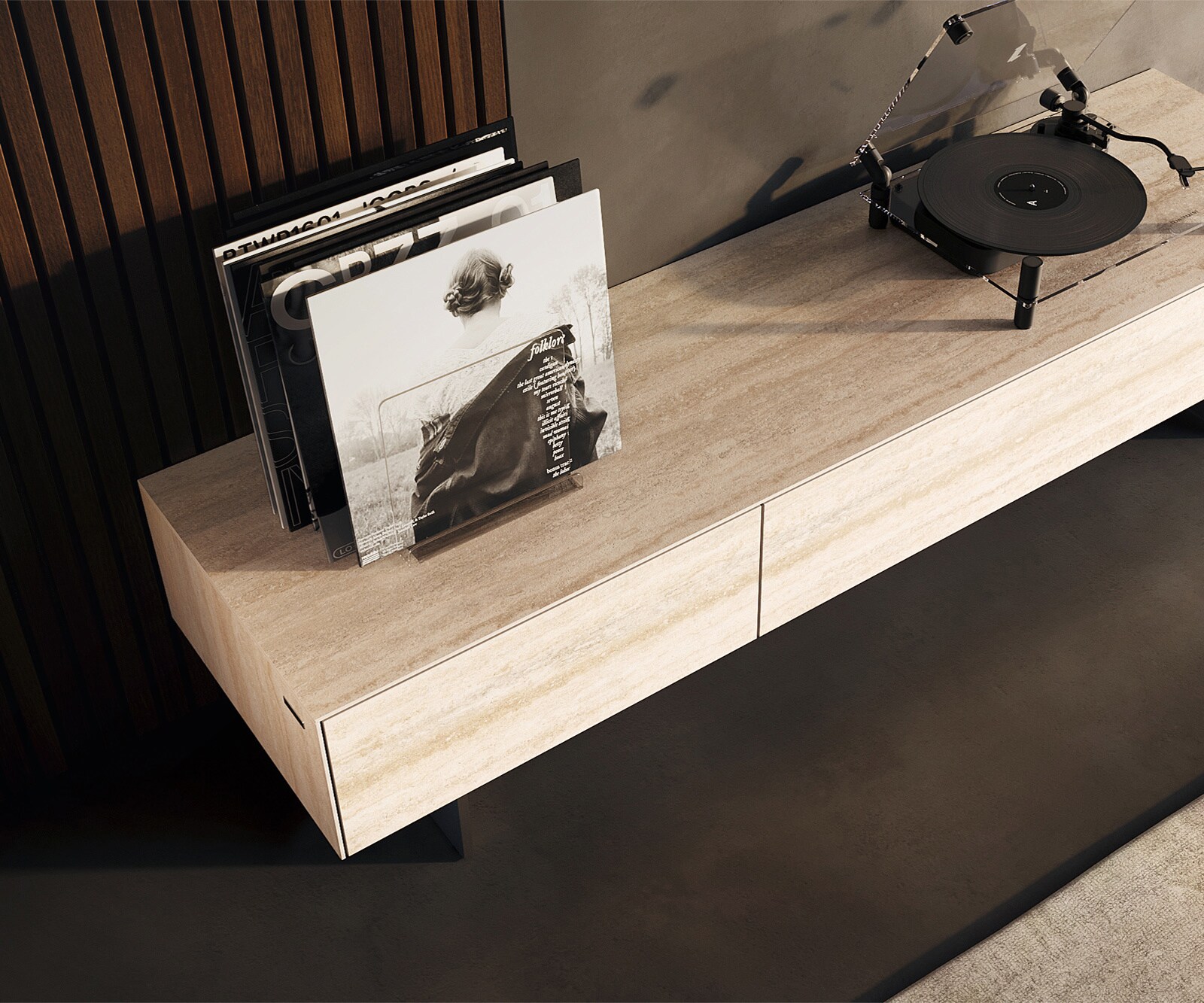 Meuble-TV Cuor 150 cm Céramique Laminam® Travertino Bianco Crème-blanc 1 Clapet 1 Tiroir Pied optique flottant Ancier inoxydable 3
