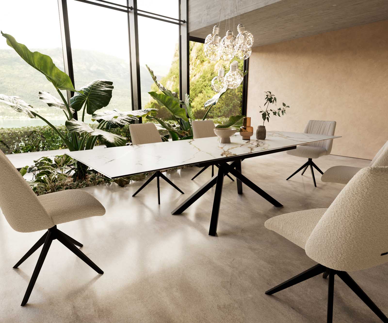 Table à manger Edge 200-300x100 céramique Calacatta Luxe blanc-doré-gris cadre croisé rectangulaire noir extensible Table à manger Edge 200-300x100 céramique Calacatta Luxe blanc-doré-gris cadre croisé rectangulaire noir extensible