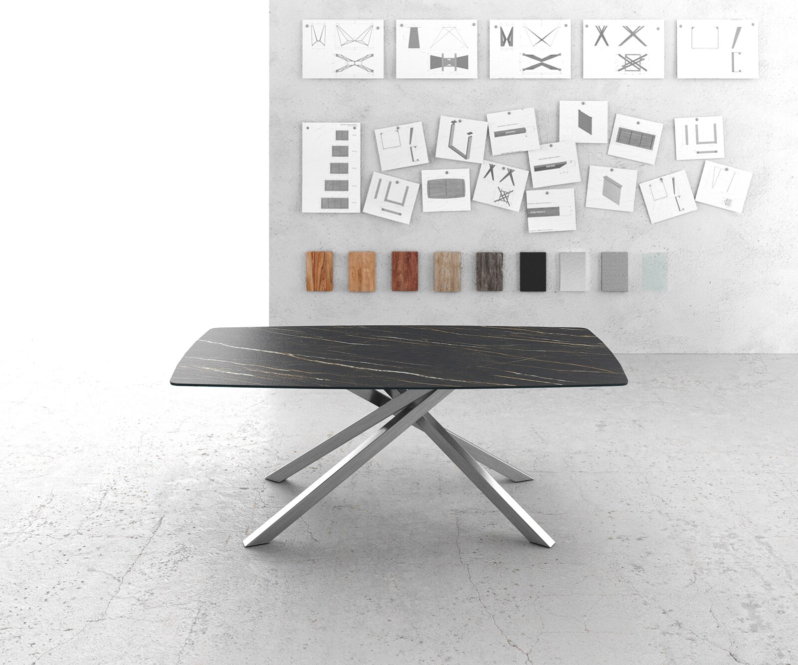 Table-à-manger Edge forme Boot 200x100cm Laminam® céramique marron pieds milieu croisé argent 1