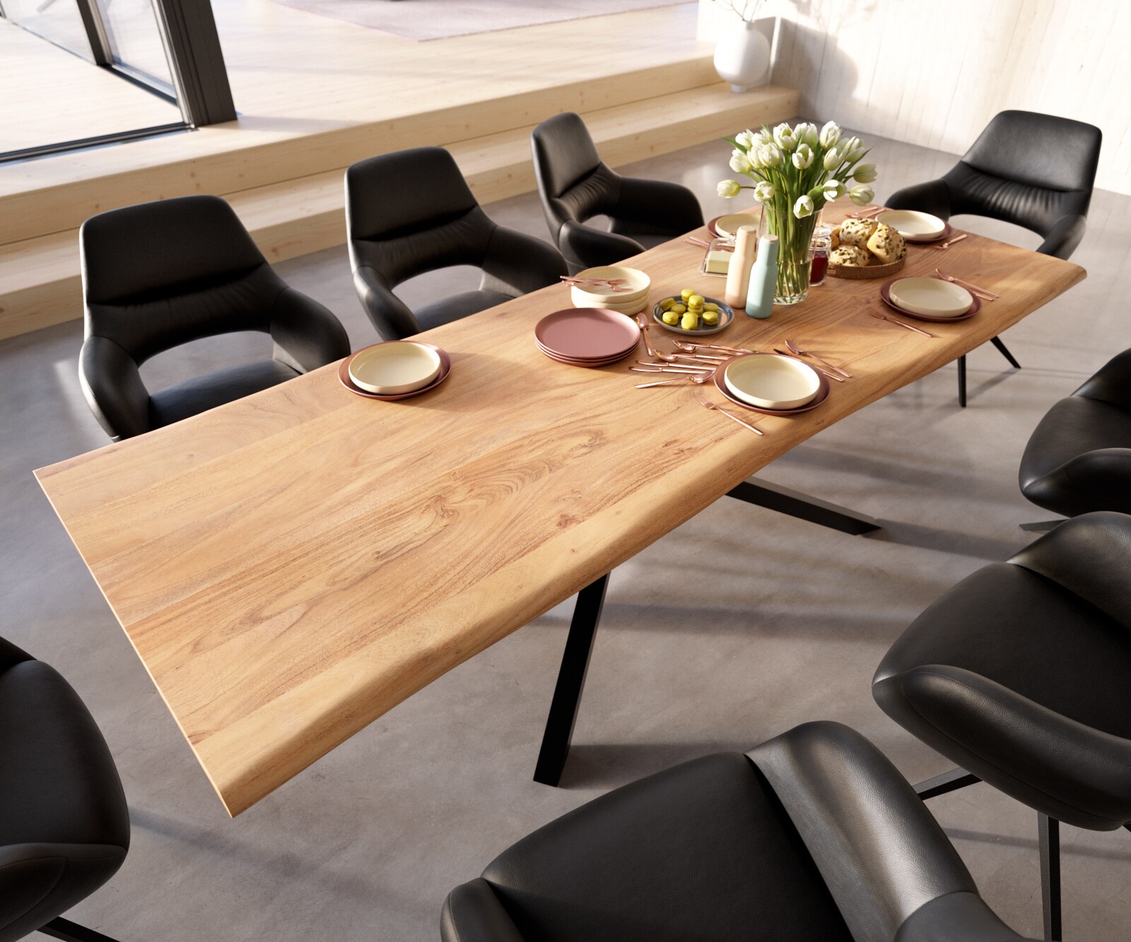 Table à manger Edge 260x100 Acacia Naturel Cadre croisé rectangle Noir Live-Edge 3