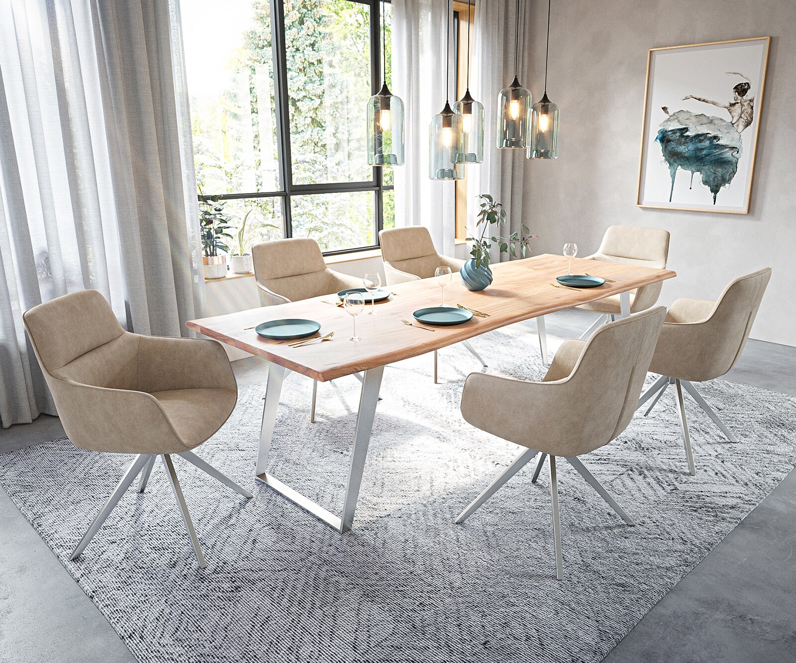 Chaise-de-salle-à-manger Pejo-Flex microvelours beige vintage pied croisé angulaire acier inoxydable brossé ressorts ensachés 3