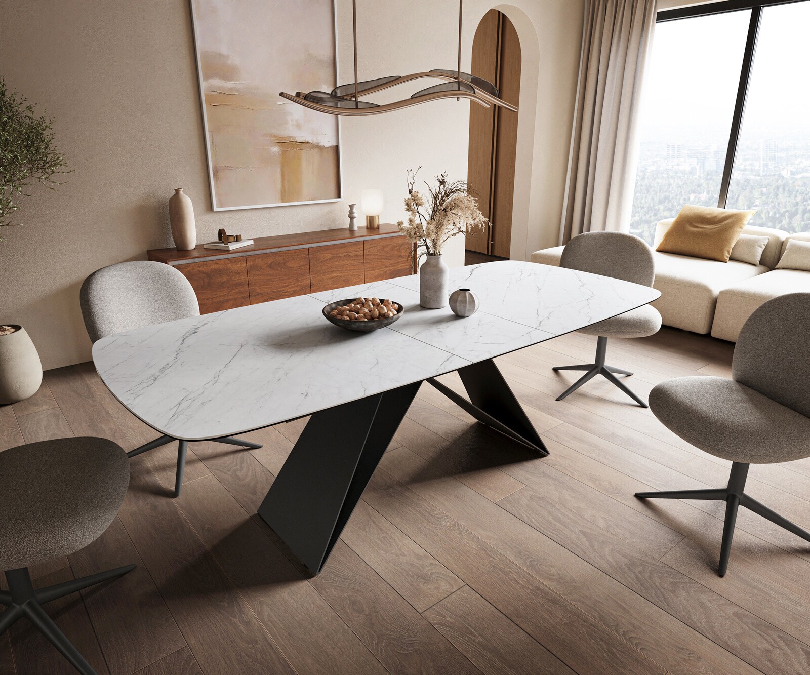 Table à manger Edge Boot 180-220x100 cm Céramique Laminam® Statuarietto Blanc piètement en V Flachstahl Noir extensible 1