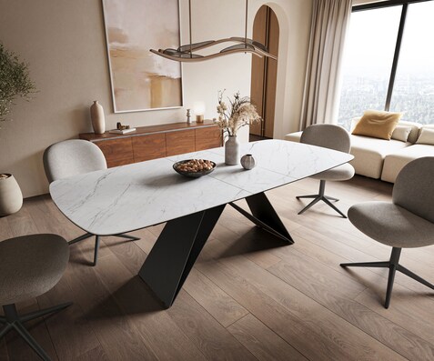 Table à manger Edge Boot 180-220x100 cm Céramique Laminam® Statuarietto Blanc piètement en V Flachstahl Noir extensible