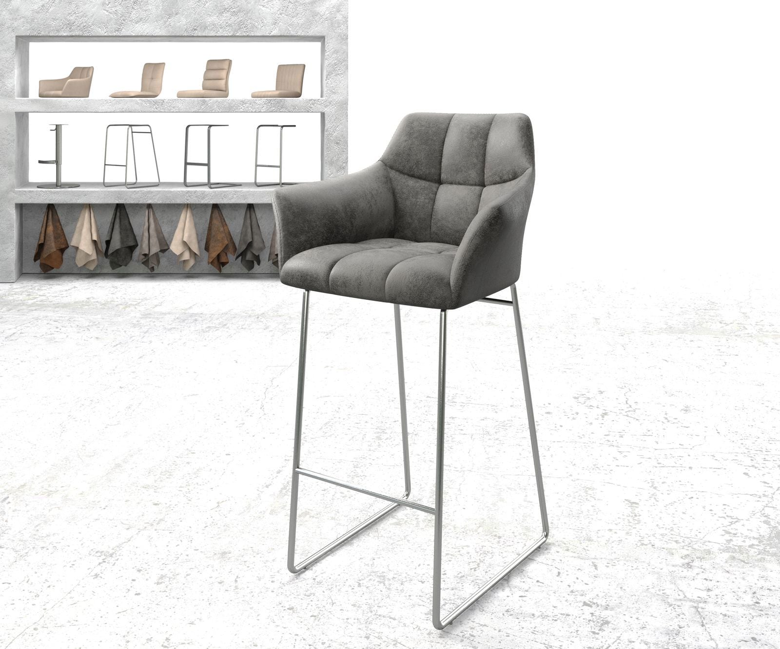 Chaise-de-bar Yulo-Flex vintage gris cadre patin acier inoxydable Chaise-de-bar Yulo-Flex vintage gris cadre patin acier inoxydable