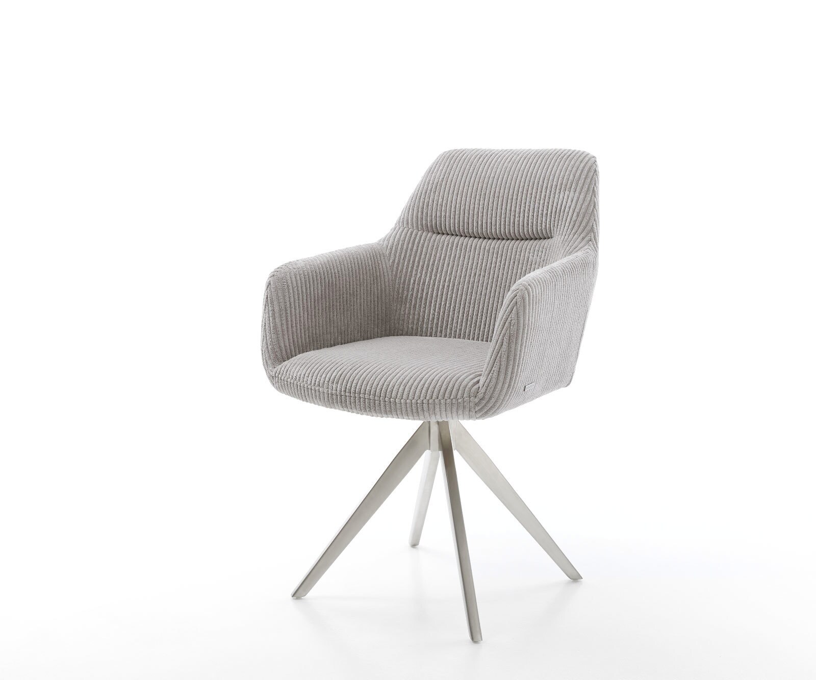 Chaise-de-salle-à-manger Pejo-Flex côtelé gris argenté pied croisé angulaire acier inoxydable brossé ressorts ensachés