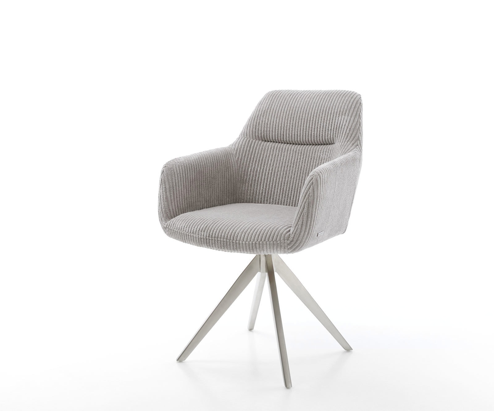 Chaise-de-salle-à-manger Pejo-Flex côtelé gris argenté pied croisé angulaire acier inoxydable brossé ressorts ensachés Chaise-de-salle-à-manger Pejo-Flex côtelé gris argenté pied croisé angulaire acier inoxydable brossé ressorts ensachés