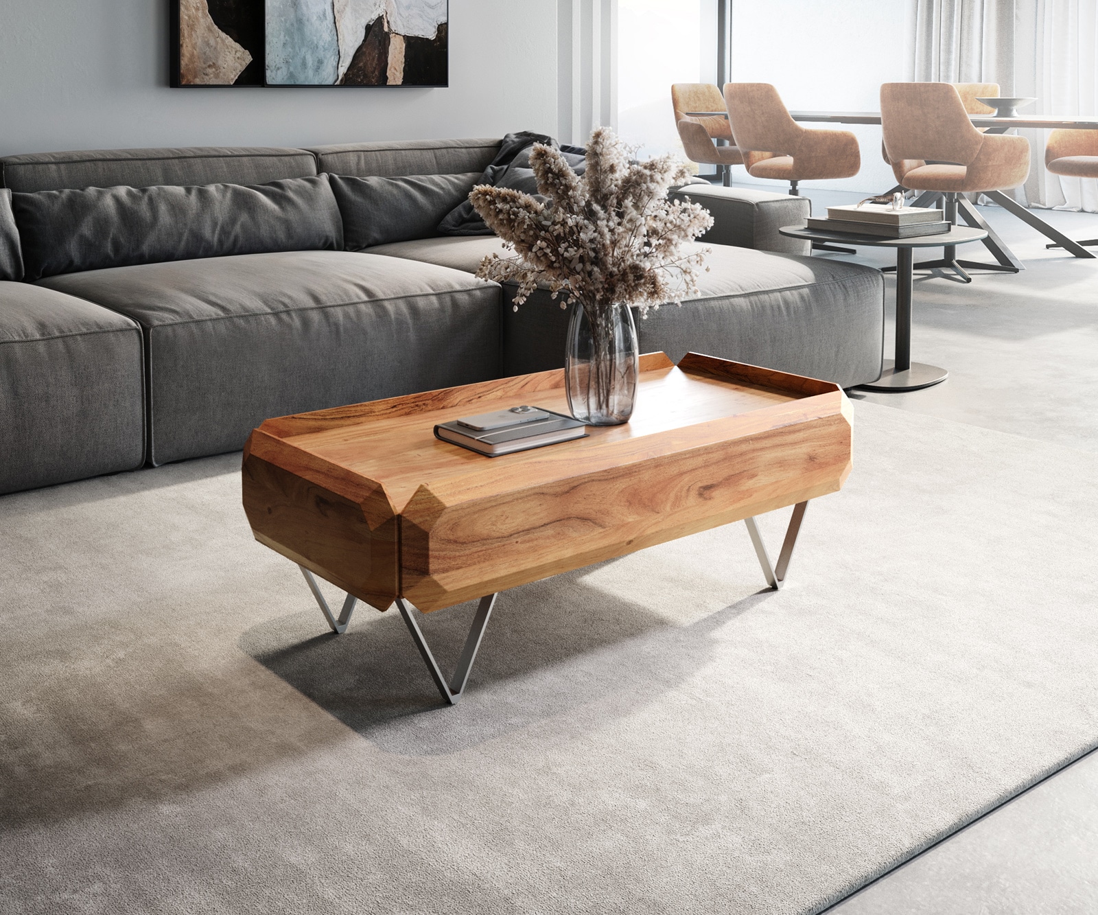 Table basse Kiano acacia naturel 2 tiroirs pied V 1