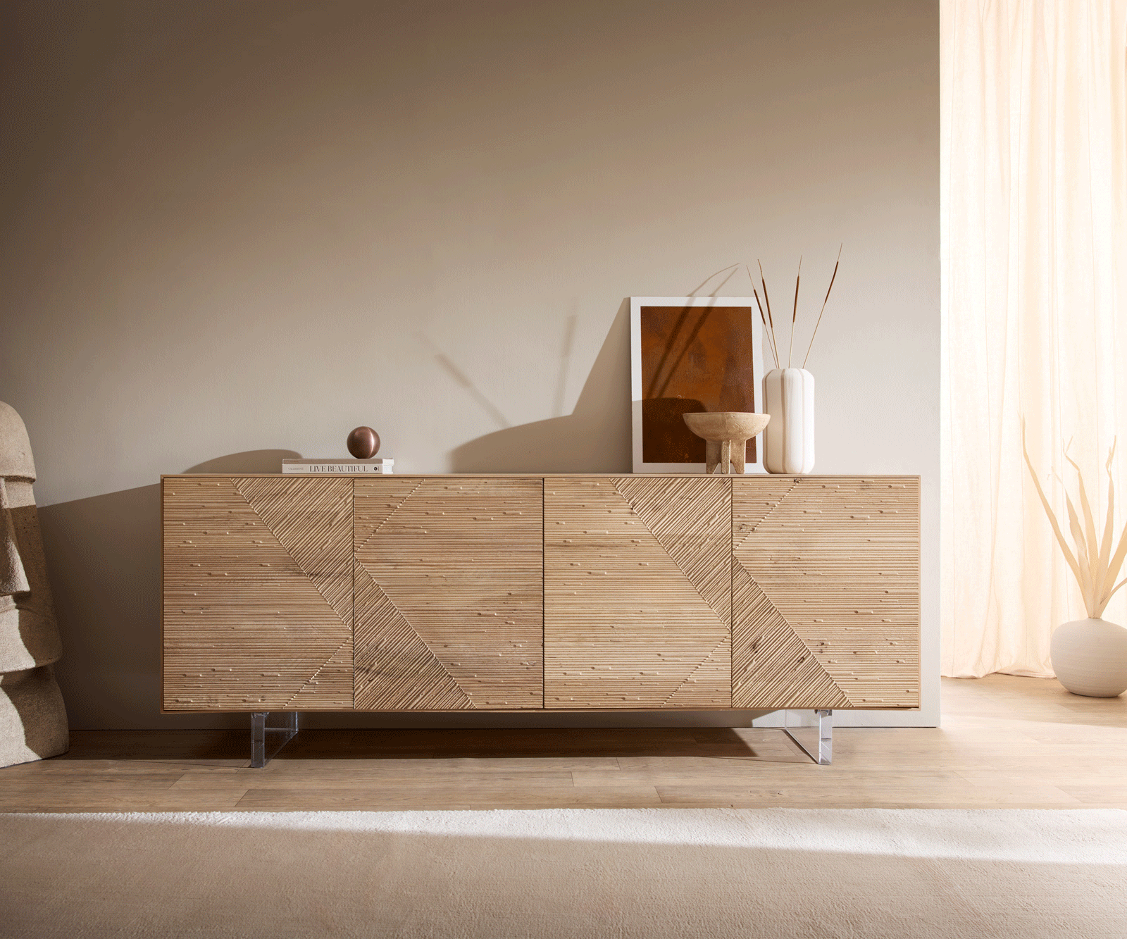 Buffet Tereos 200 cm chêne naturel effet 3D 4 portes pieds effet flottant verre acrylique 6