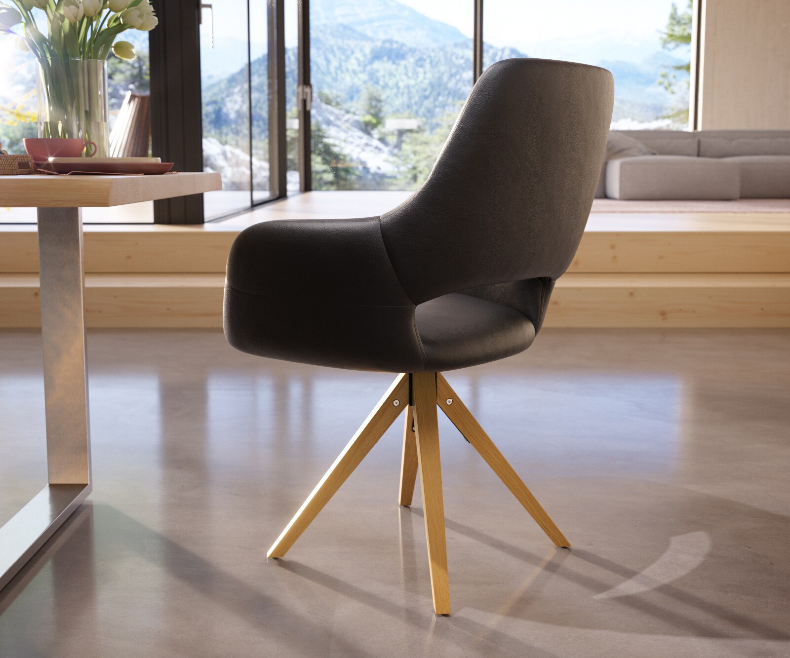 Chaise-de-salle-à-manger Yago-Flex avec accoudoirs cuir de vache noir pied en bois angulaire naturel ressorts ensachés 4 Chaise-de-salle-à-manger Yago-Flex avec accoudoirs cuir de vache noir pied en bois angulaire naturel ressorts ensachés 4