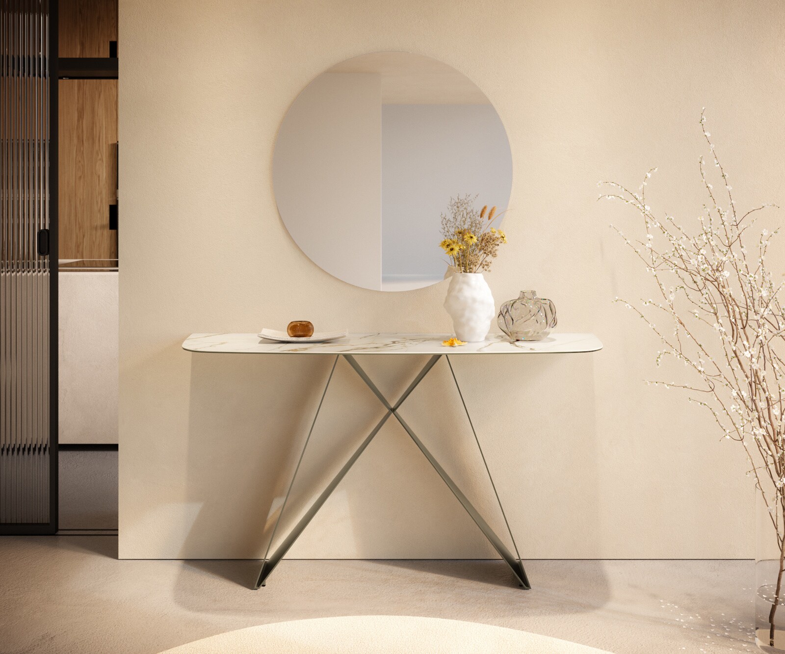 Console Edge forme bateau 140x40 cm Céramique Calacatta Luxe Weiß-Gold-Gris Velio Métal Effektfinish Titan 1