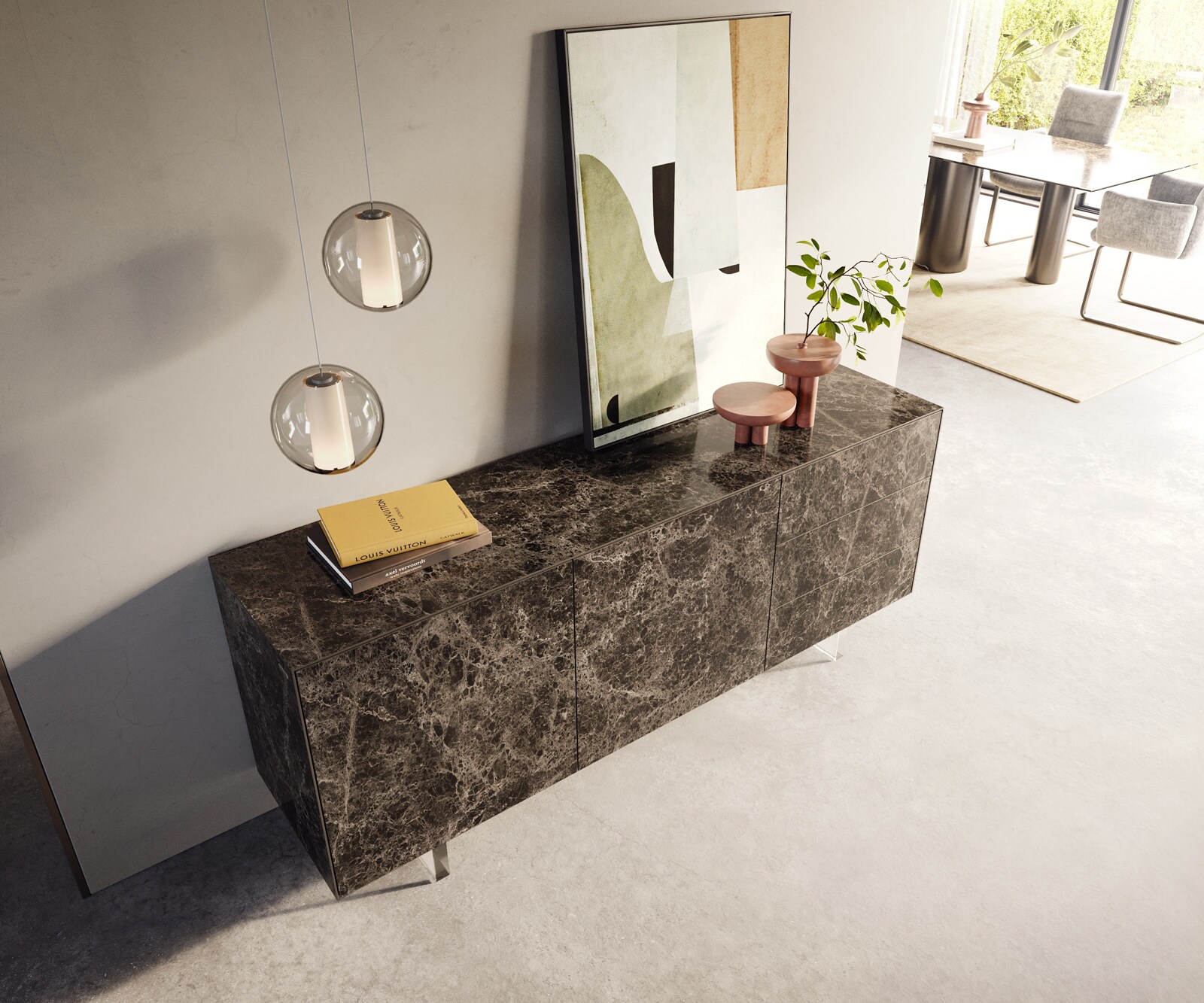 Buffet Cuor 180 cm Céramique Emperador Extra Lucidato brun foncé 2 Portes 3 Tiroirs Pied optique flottant Verre acrylique 3