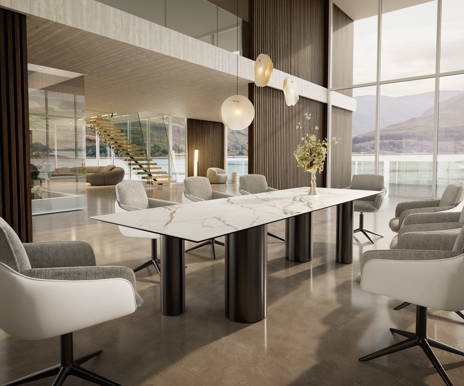 Table à manger Edge 300x100 Céramique Calacatta Luxe Blanc-Doré-Gris Pilier Acier inoxydable Graphite 6