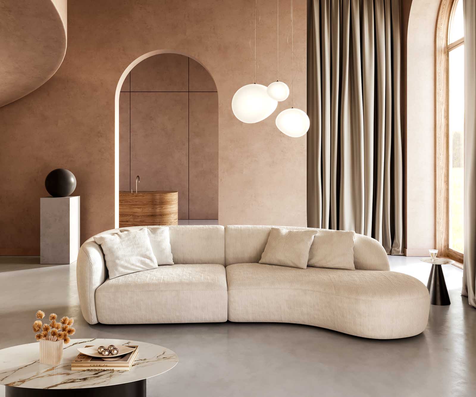 Canapé Mairi 330x160 cm Velours côtelé Beige 1 Canapé Mairi 330x160 cm Velours côtelé Beige 1