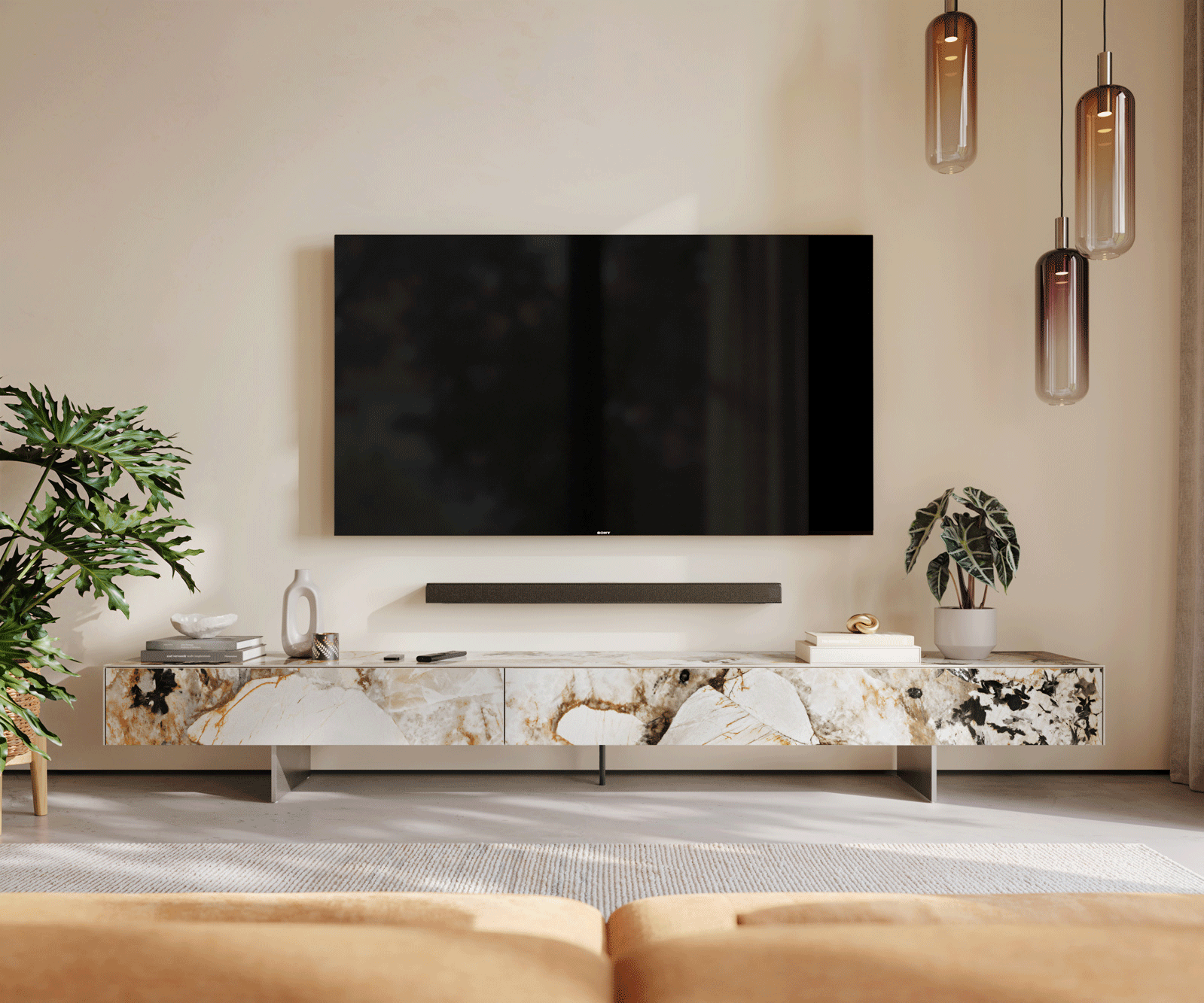 Meuble-TV Cuor 250 cm Céramique Patagonia raffinée 1 Clapet 1 Tiroir Pied optique flottant Ancier inoxydable 2