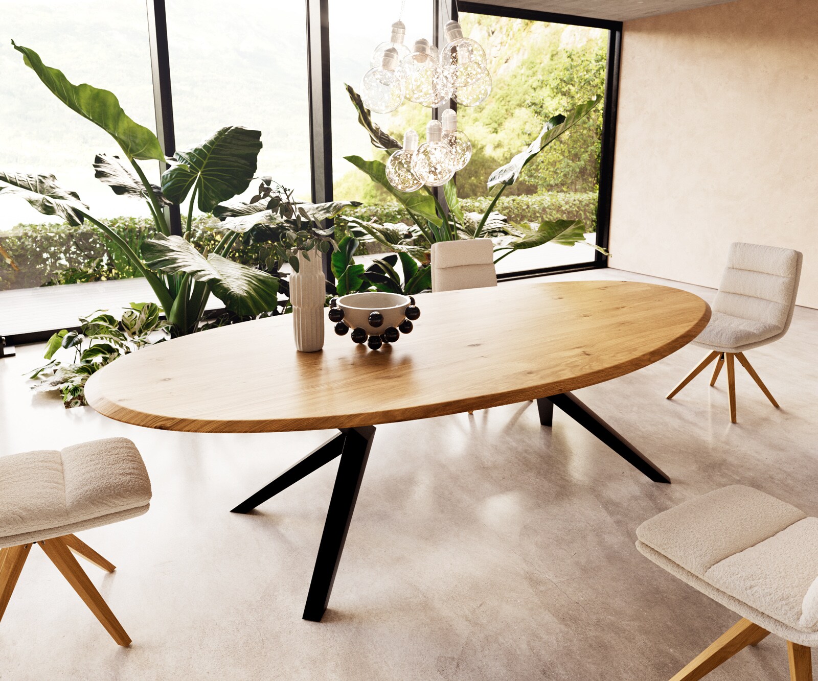 Table à manger Edge ovalee 280x130x2,5 chêne naturee Zenthara Angulaire métal noir Flow-Edge