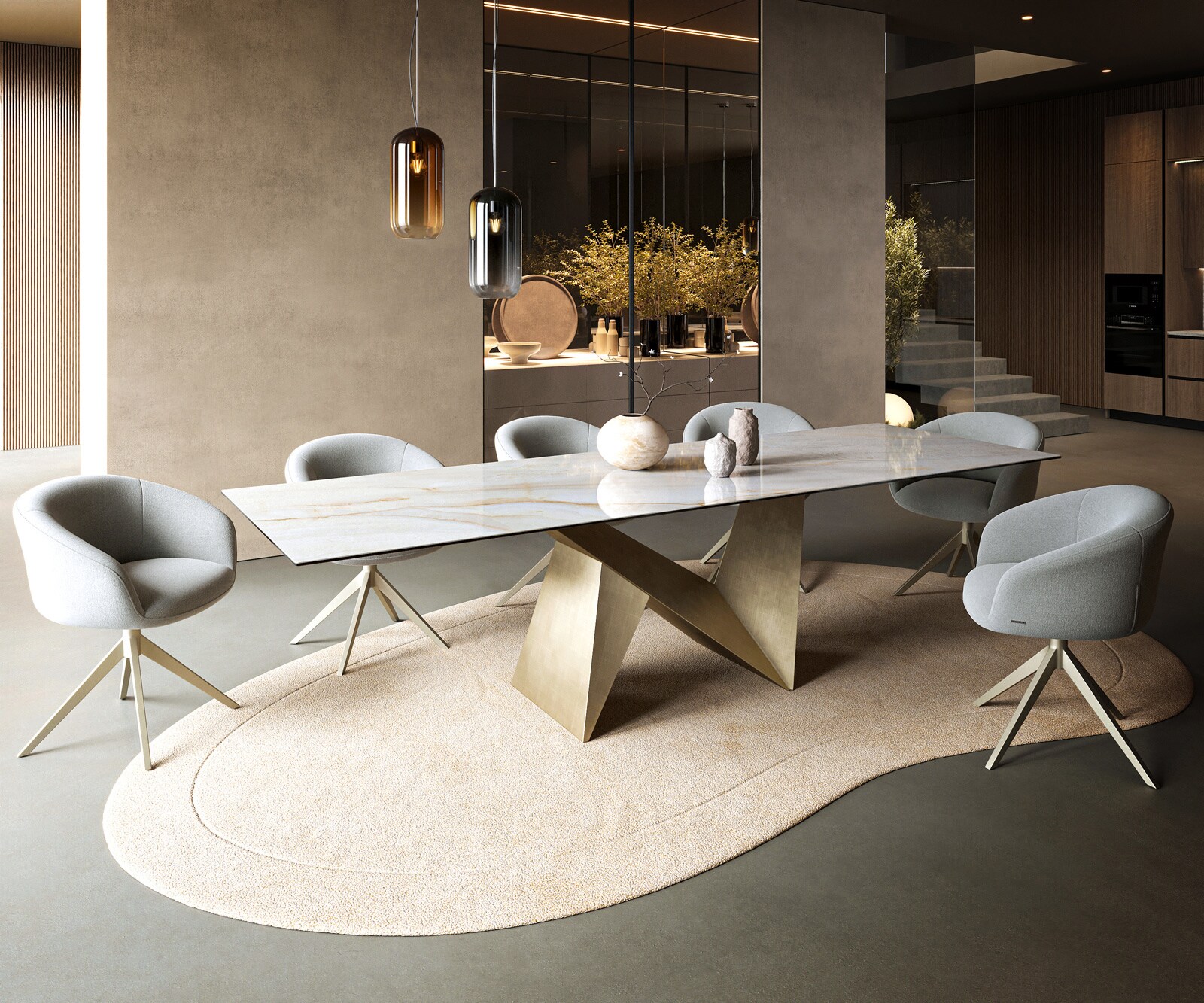Table à manger Edge 300x100 cm céramique Onyx Pearl Origami métal doré 6