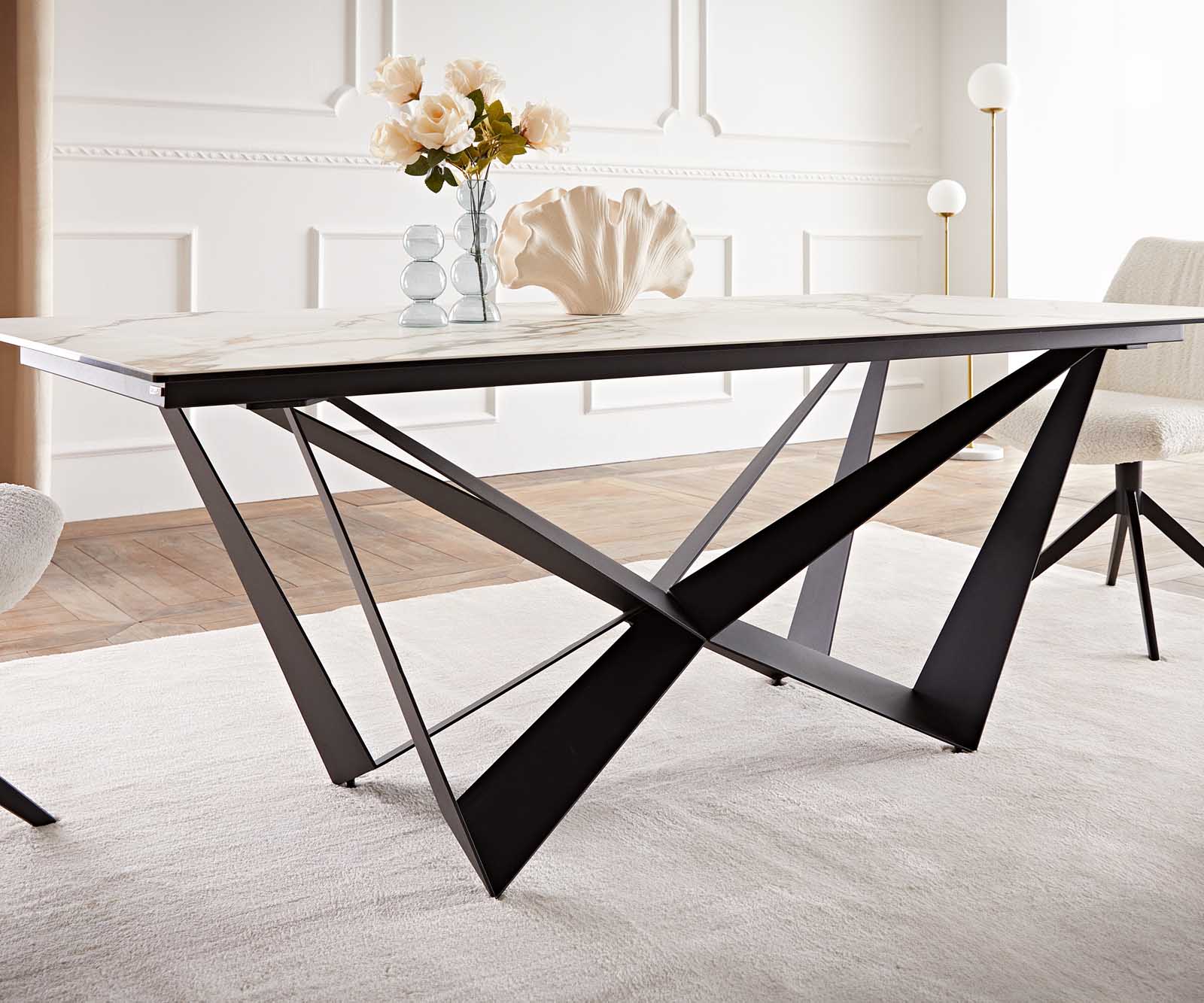 Table à manger Edge 200x100 céramique Calacatta Luxe blanc-doré-gris Spider acier plat noir 7