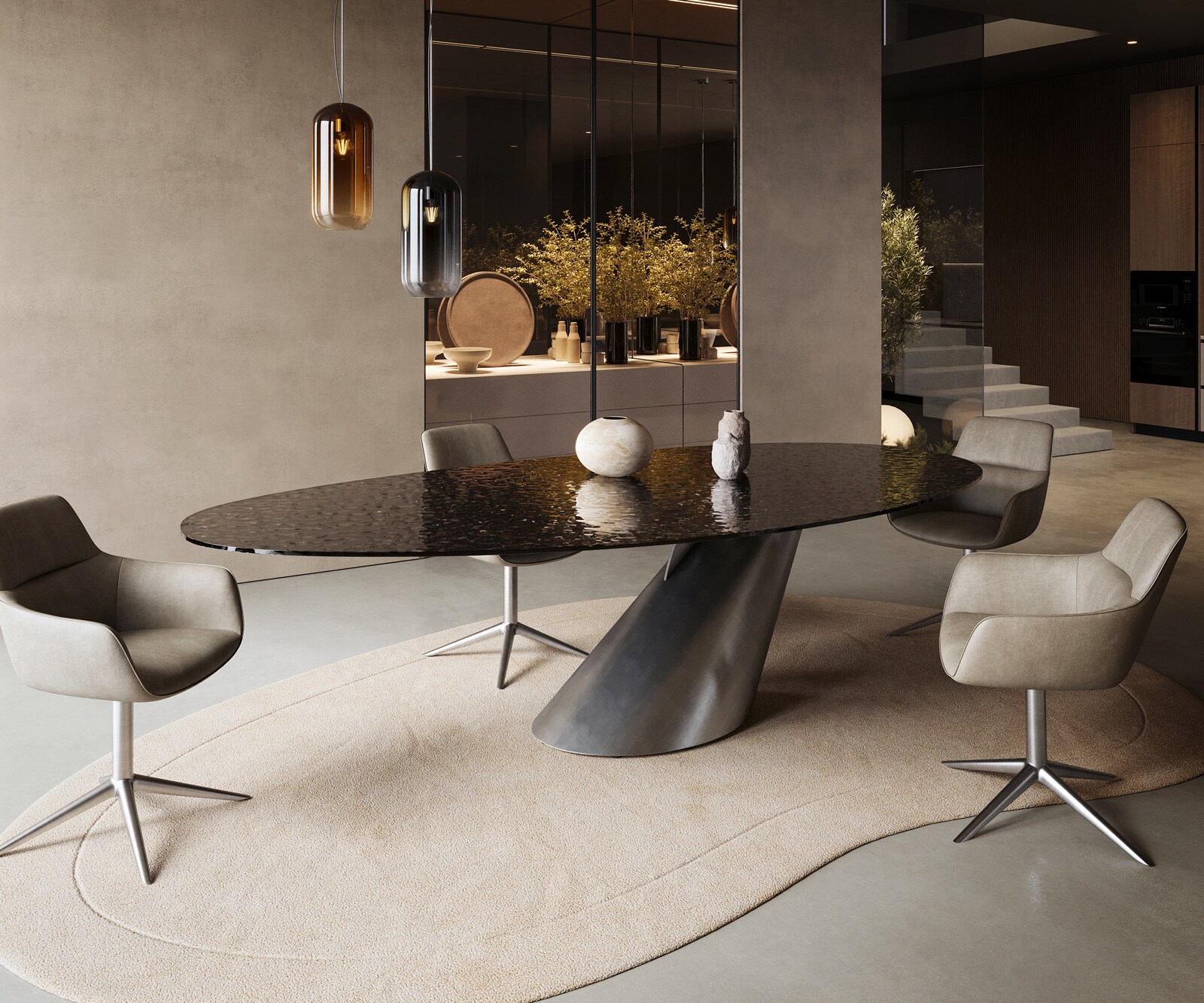 Table à manger Edge ovalee 280x130 verre en relief noir fumé 3D-Design Cono métallique argent 4