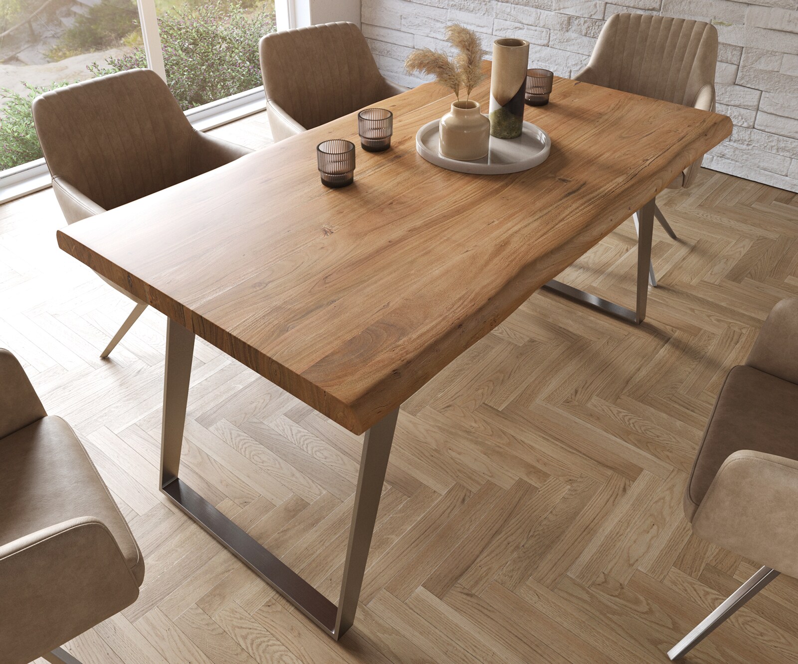 Table à manger Edge 160x90 XL acacia nature acier inoxydable inclinée Live-Edge 3
