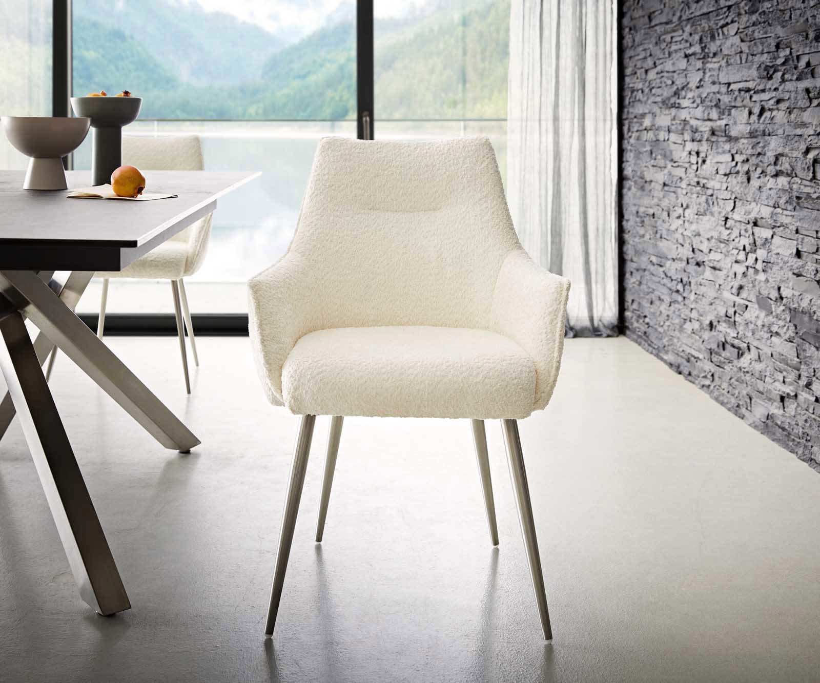 Chaise-de-salle-à-manger Alja-Flex avec accoudoirs bouclé blanc 4 pieds coniques acier inoxydable brossé ressorts ensachés 1 Chaise-de-salle-à-manger Alja-Flex avec accoudoirs bouclé blanc 4 pieds coniques acier inoxydable brossé ressorts ensachés 1