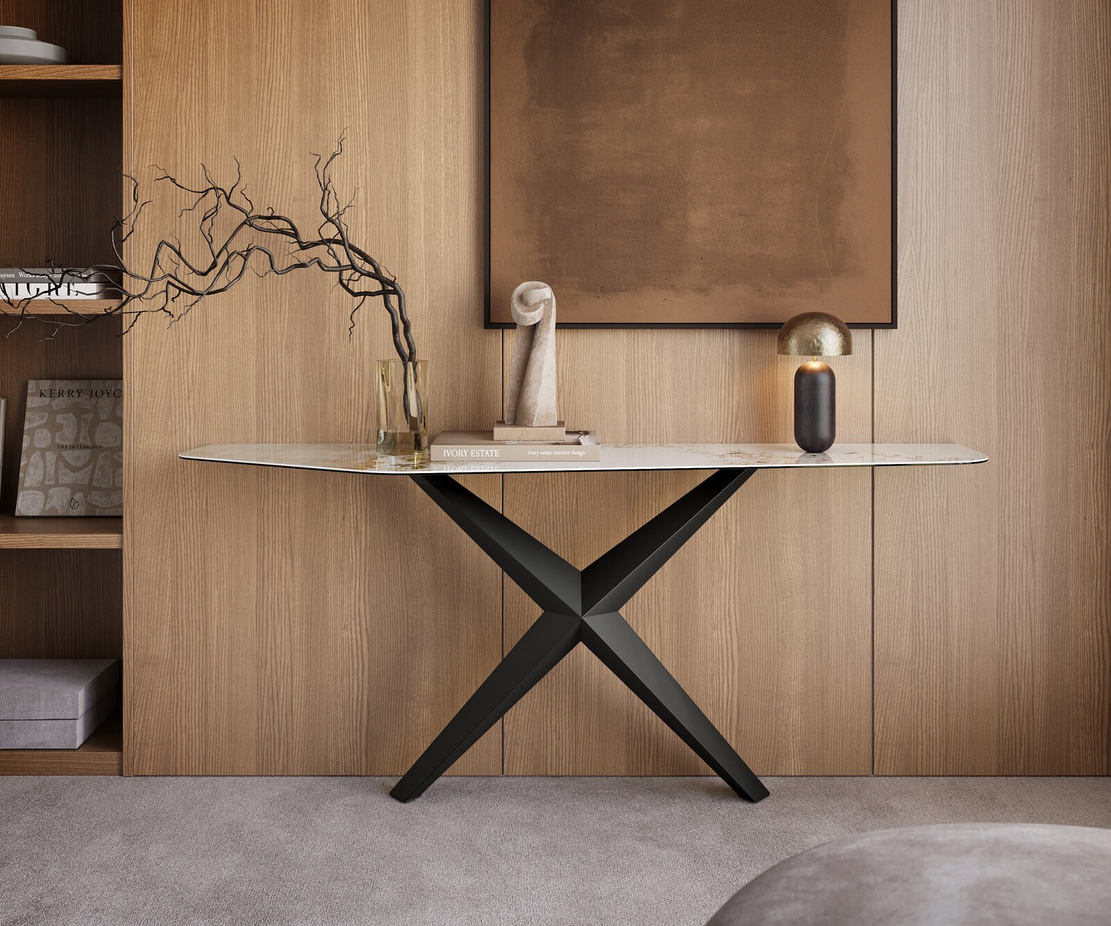 Console Edge Polygonal 180x50 cm Céramique Minas Melange Weiß-Beige Zentharo Métal Noir 3