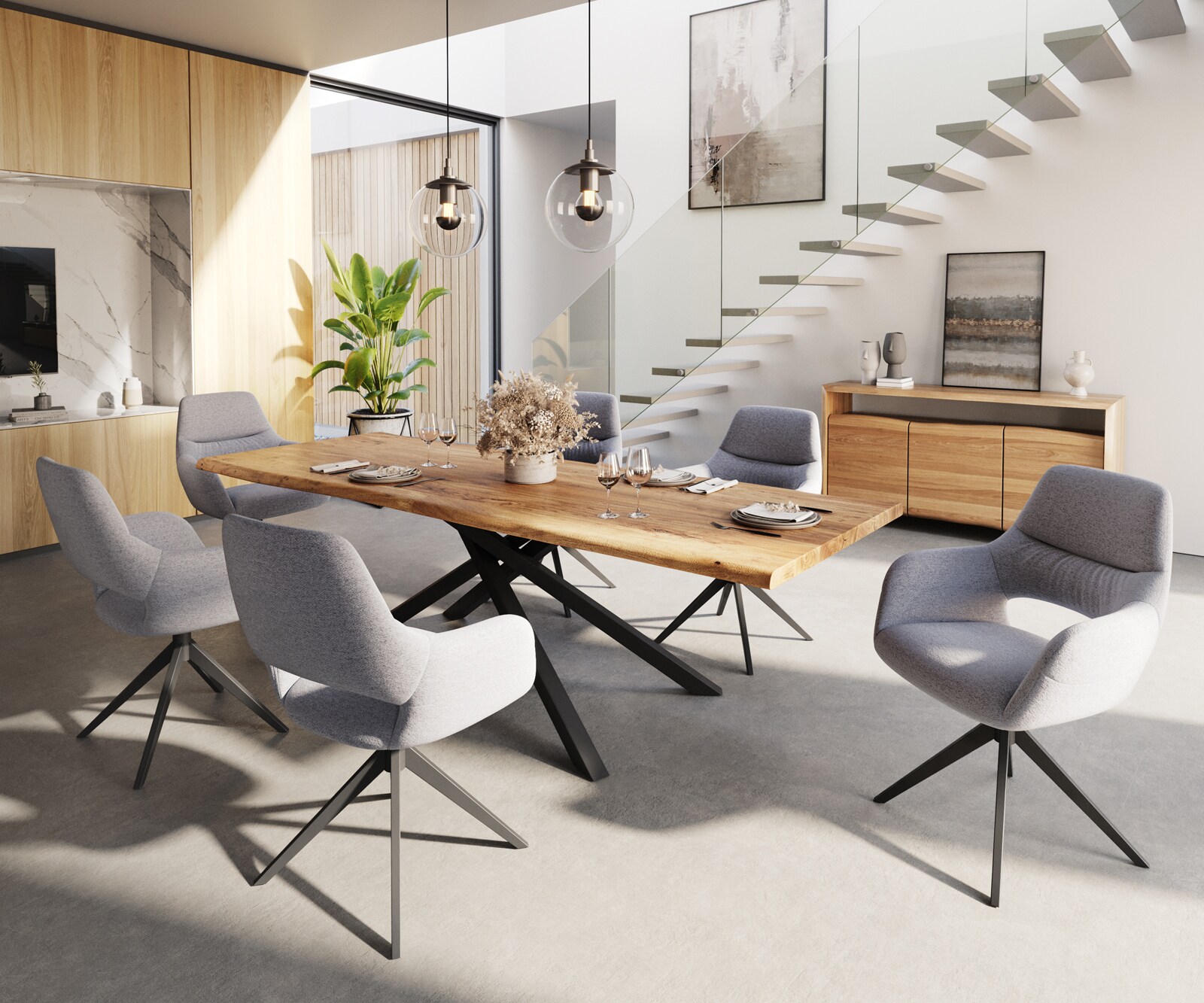 Chaise-de-salle-à-manger Yago-Flex avec accoudoirs tissu texturé gris clair pied croisé large noir ressorts ensachés 3 Chaise-de-salle-à-manger Yago-Flex avec accoudoirs tissu texturé gris clair pied croisé large noir ressorts ensachés 3