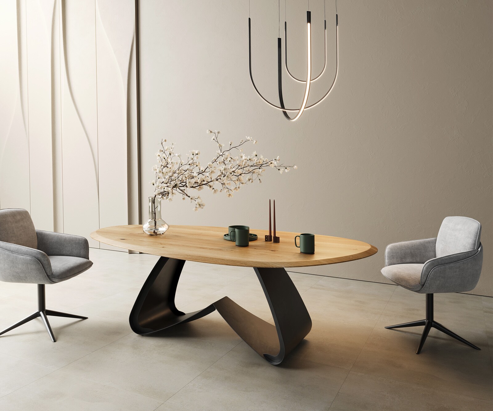 Table à manger Edge ovalee 220x120x2,5 chêne naturee cadre en W métal noir Flow-Edge 1