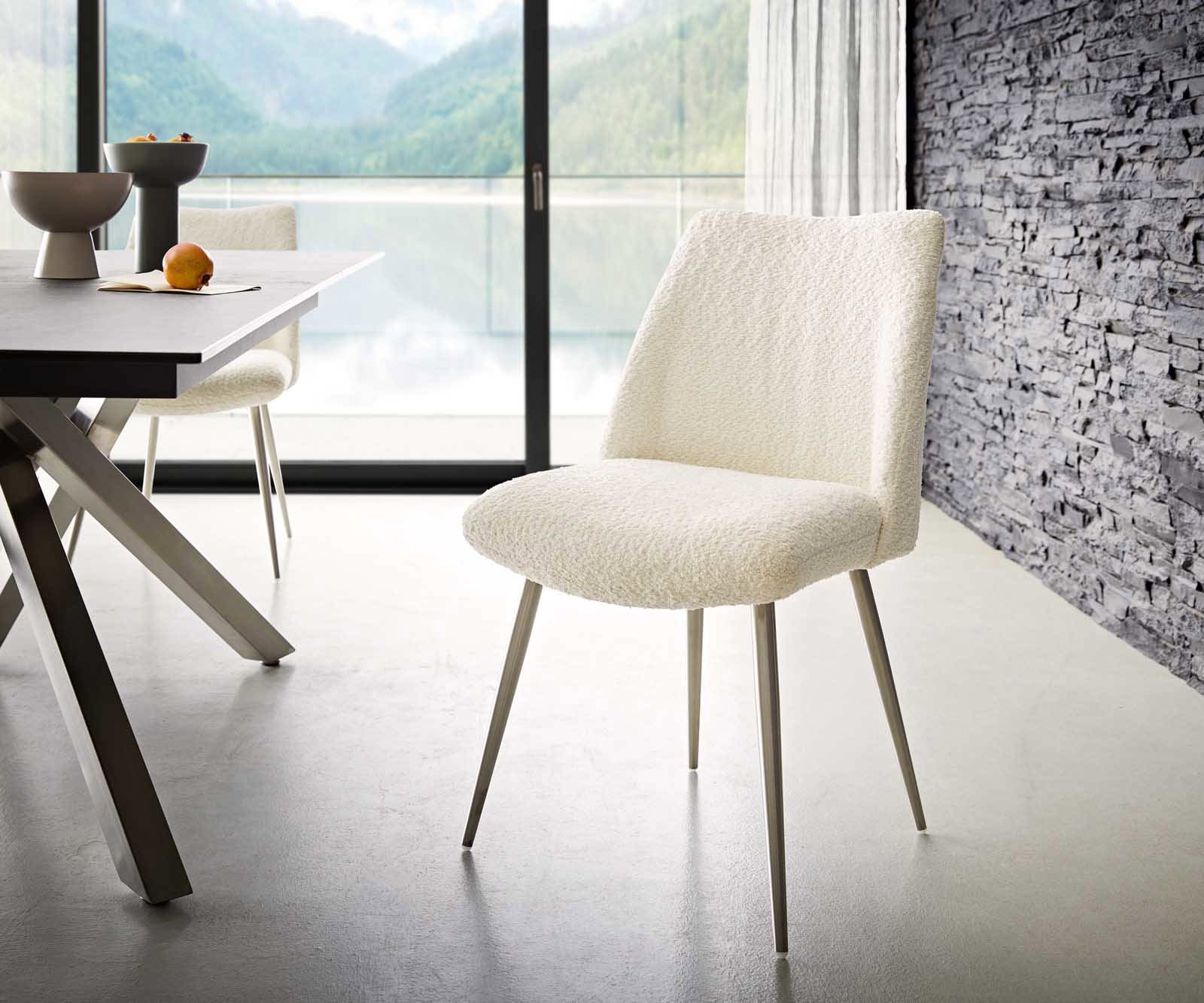 Chaise-de-salle-à-manger Elso-Flex bouclé blanc 4 pieds coniques acier inoxydable brossé ressorts ensachés