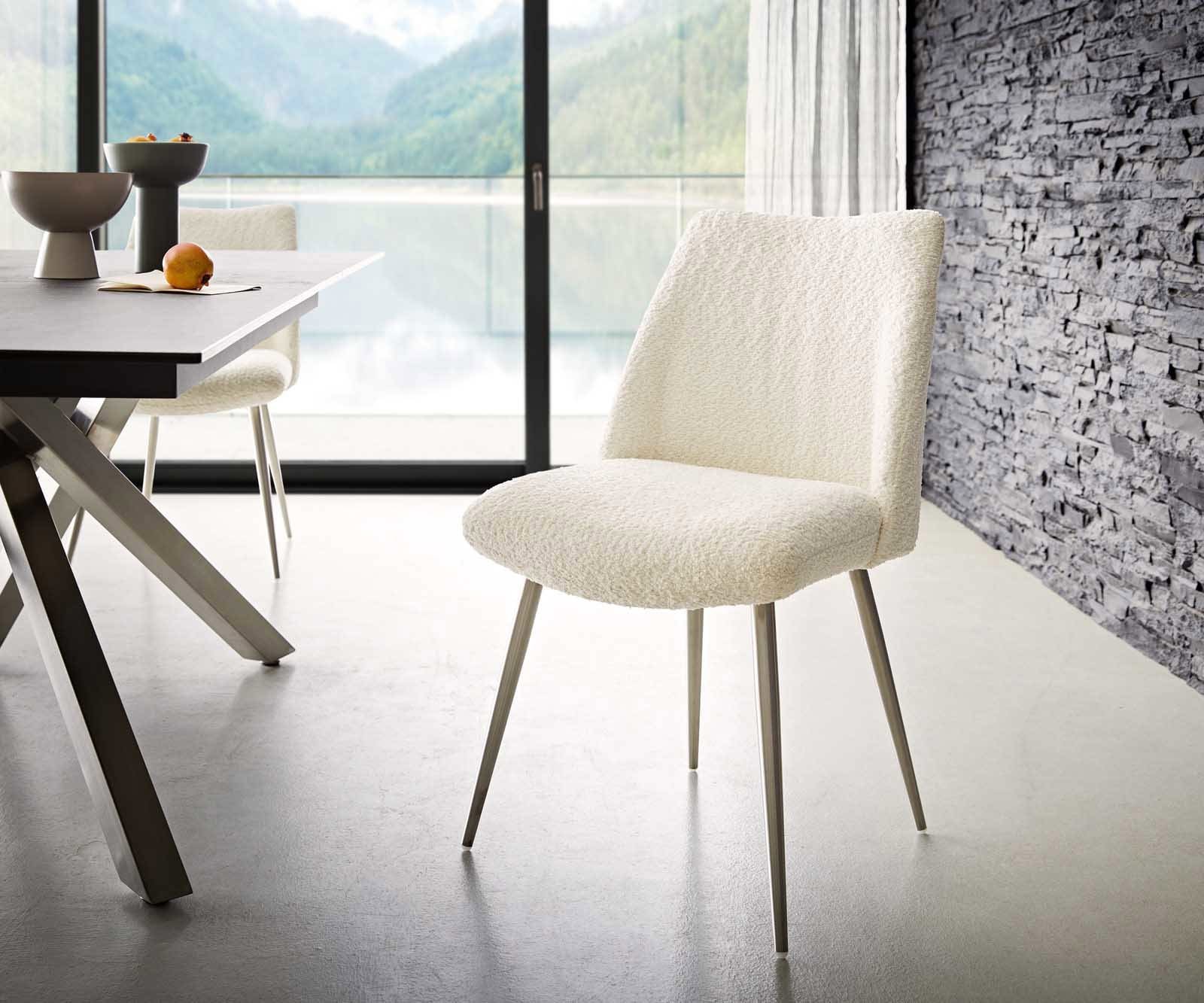 Chaise-de-salle-à-manger Elso-Flex bouclé blanc 4 pieds coniques acier inoxydable brossé ressorts ensachés Chaise-de-salle-à-manger Elso-Flex bouclé blanc 4 pieds coniques acier inoxydable brossé ressorts ensachés