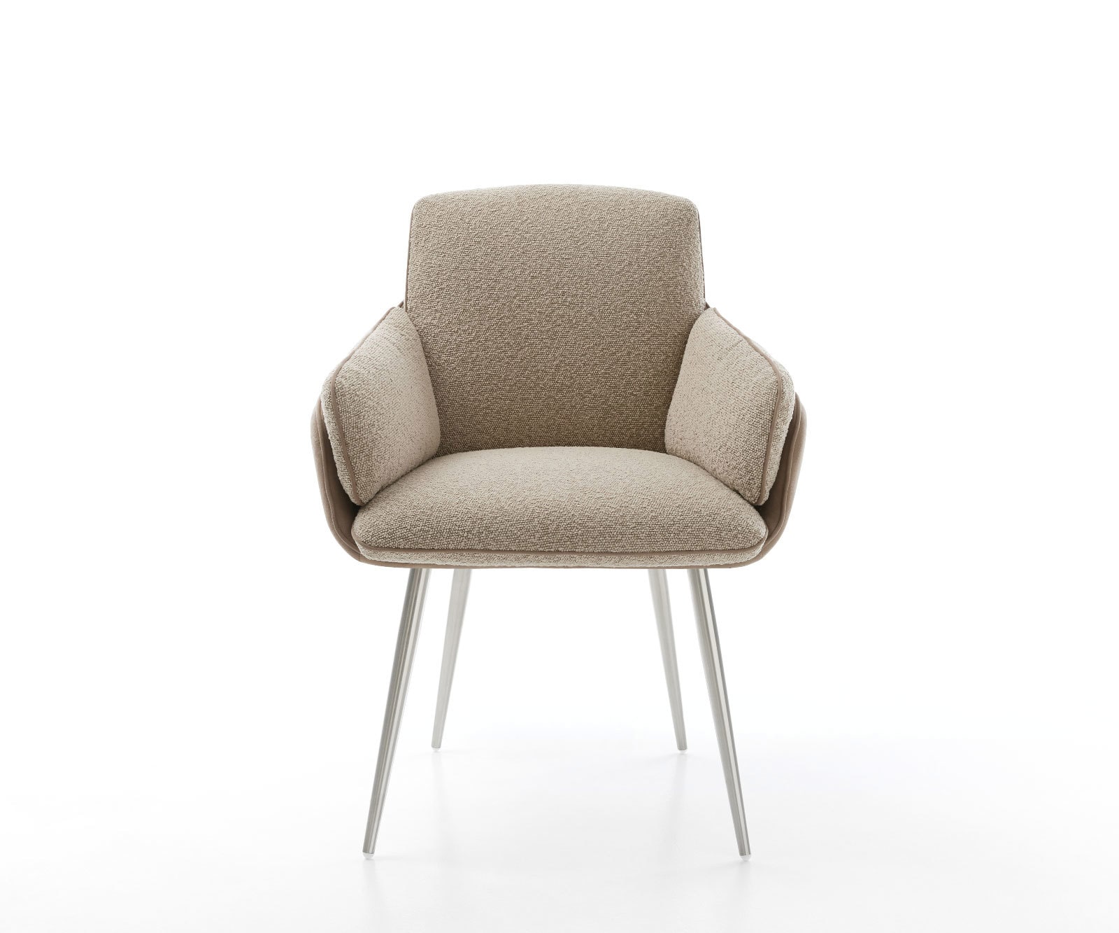 Chaise-de-salle-à-manger Luan-Flex avec accoudoirs tissu mixte couleur boue 4 pieds coniques acier inoxydable brossé 1 Chaise-de-salle-à-manger Luan-Flex avec accoudoirs tissu mixte couleur boue 4 pieds coniques acier inoxydable brossé 1