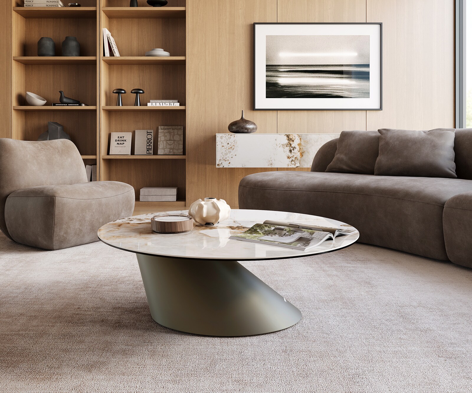 Table basse Edge rond 100x100 cm céramique Minas Melange Conis Metall finition effet titane 2