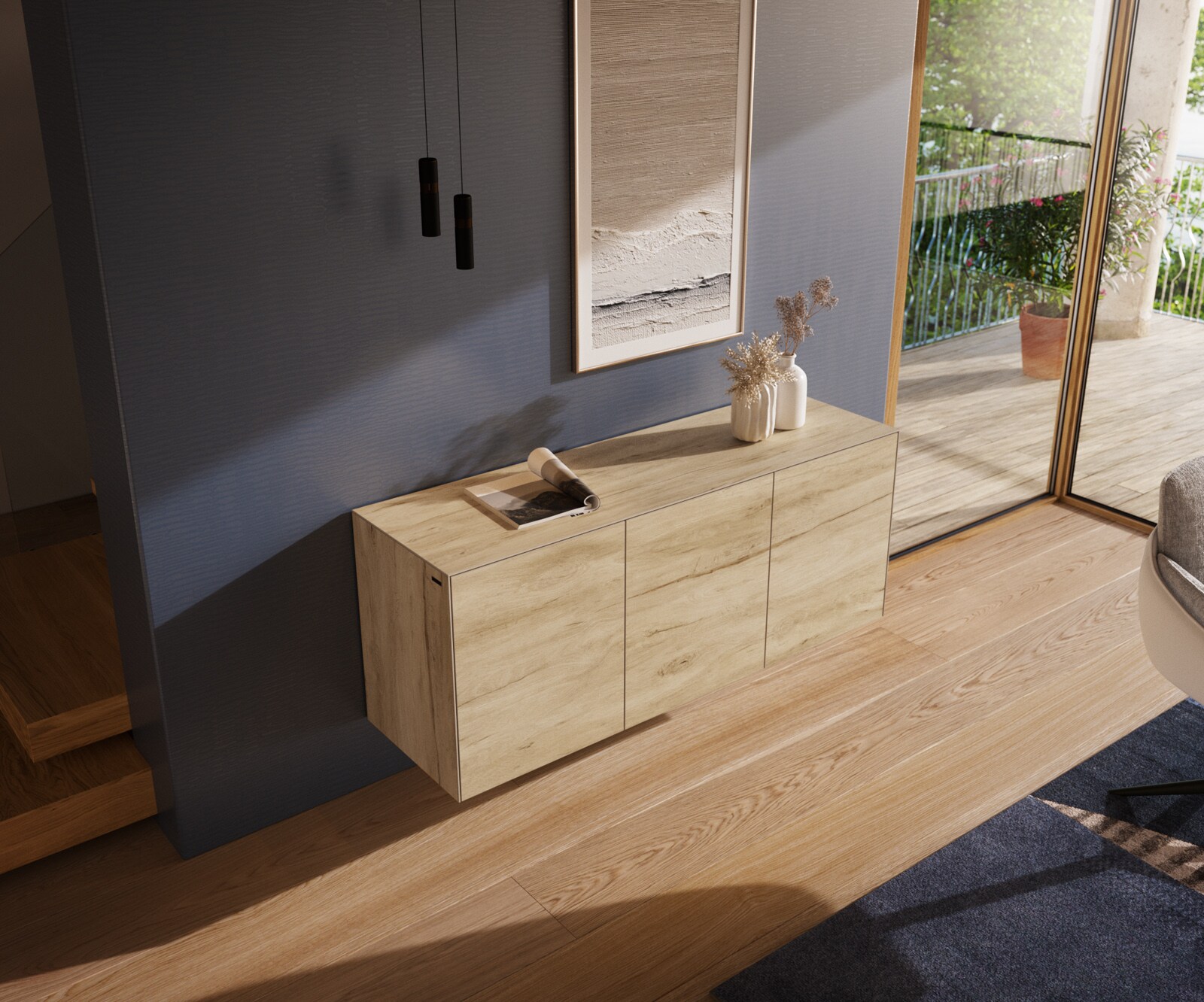 Buffet Cuor 150 cm Céramique Laminam® Sabbia Teinte chêne 3 Portes Flottant 4