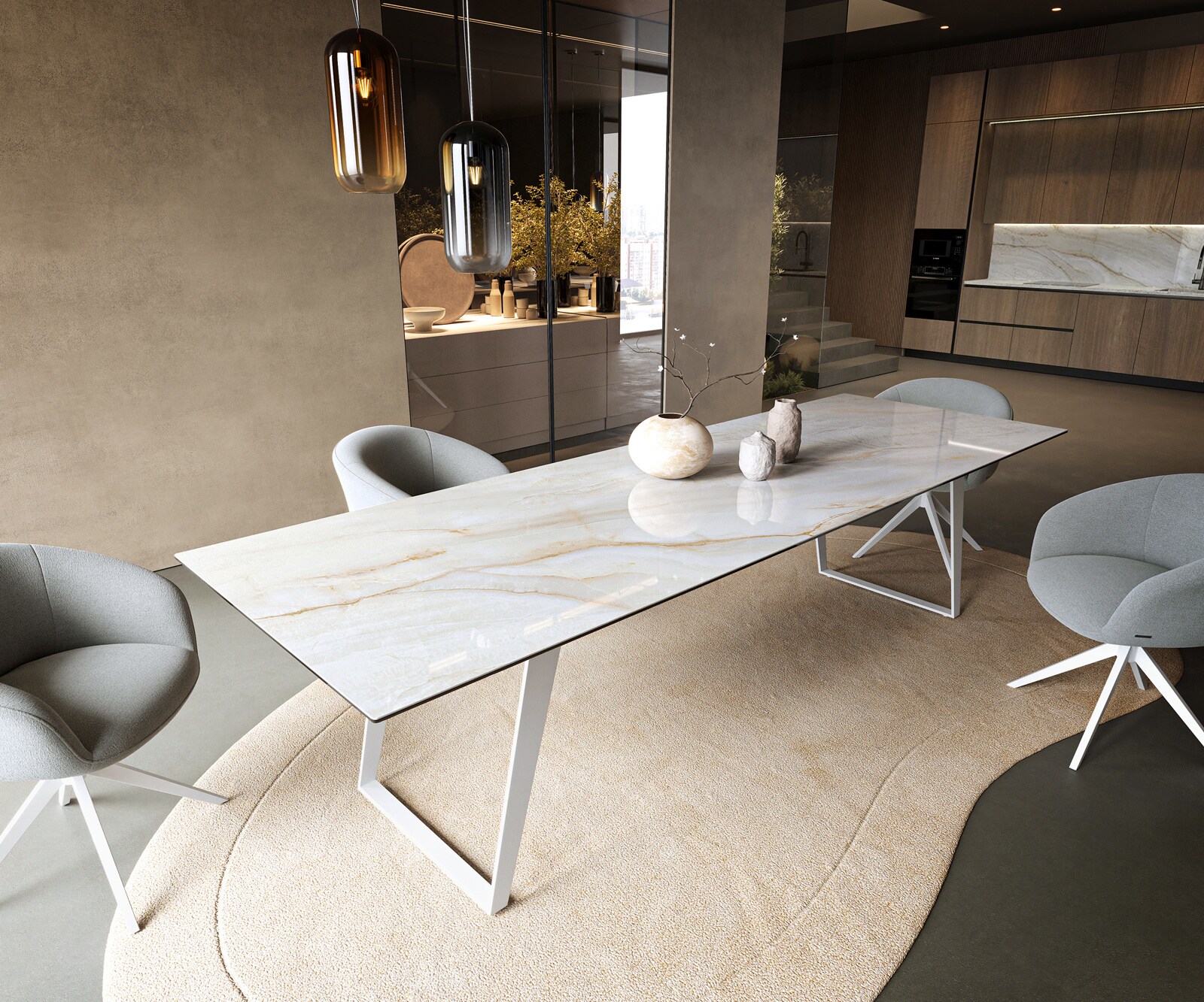 Table à manger Edge 300x100 cm céramique Onyx Pearl piètement incliné métal blanc 1