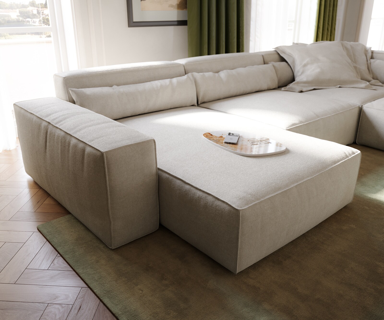 Canapé panoramique Sirpio XL 360x260 cm Tissu texturé doux Beige Méridienne modulable 5
