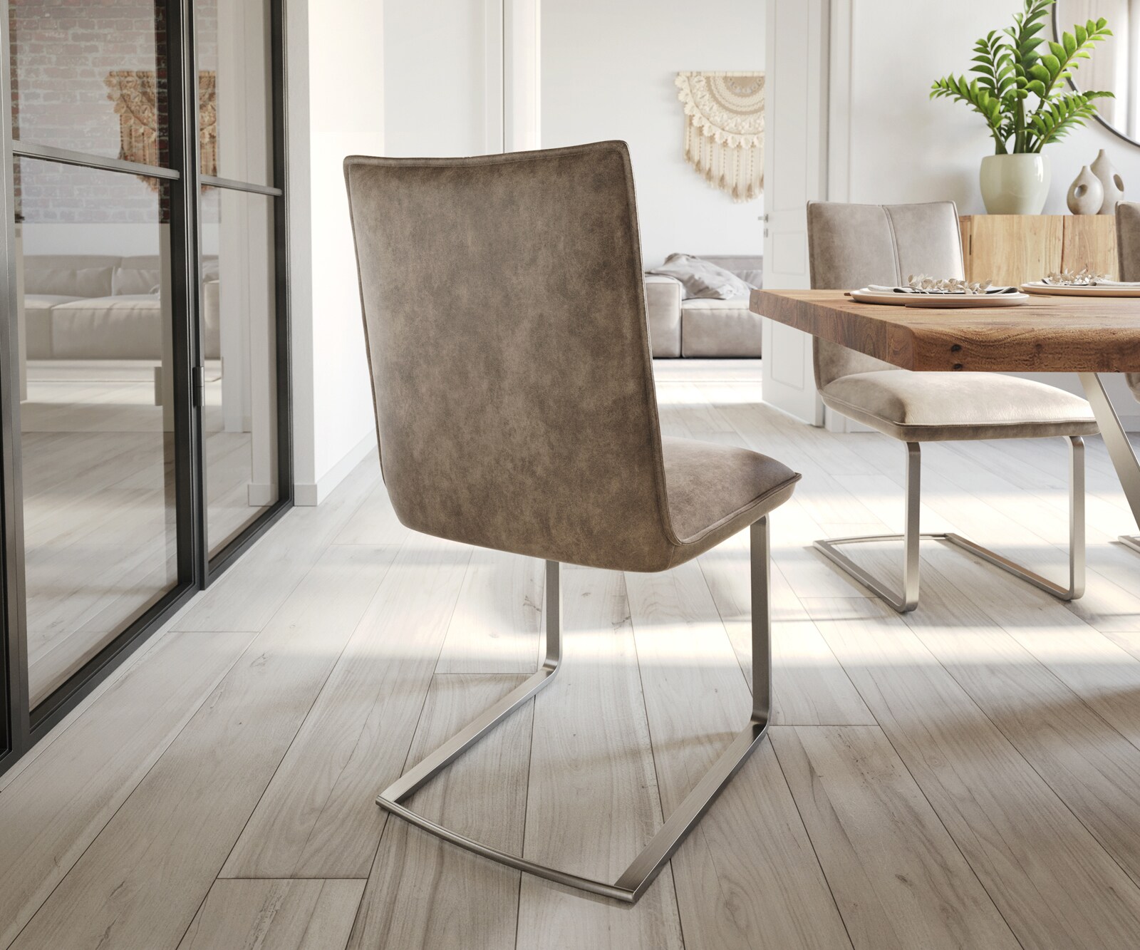 Cantilever Lelio-Flex microvelours taupe vintage pied cantilever plat acier inoxydable brossé ressorts ensachés 5