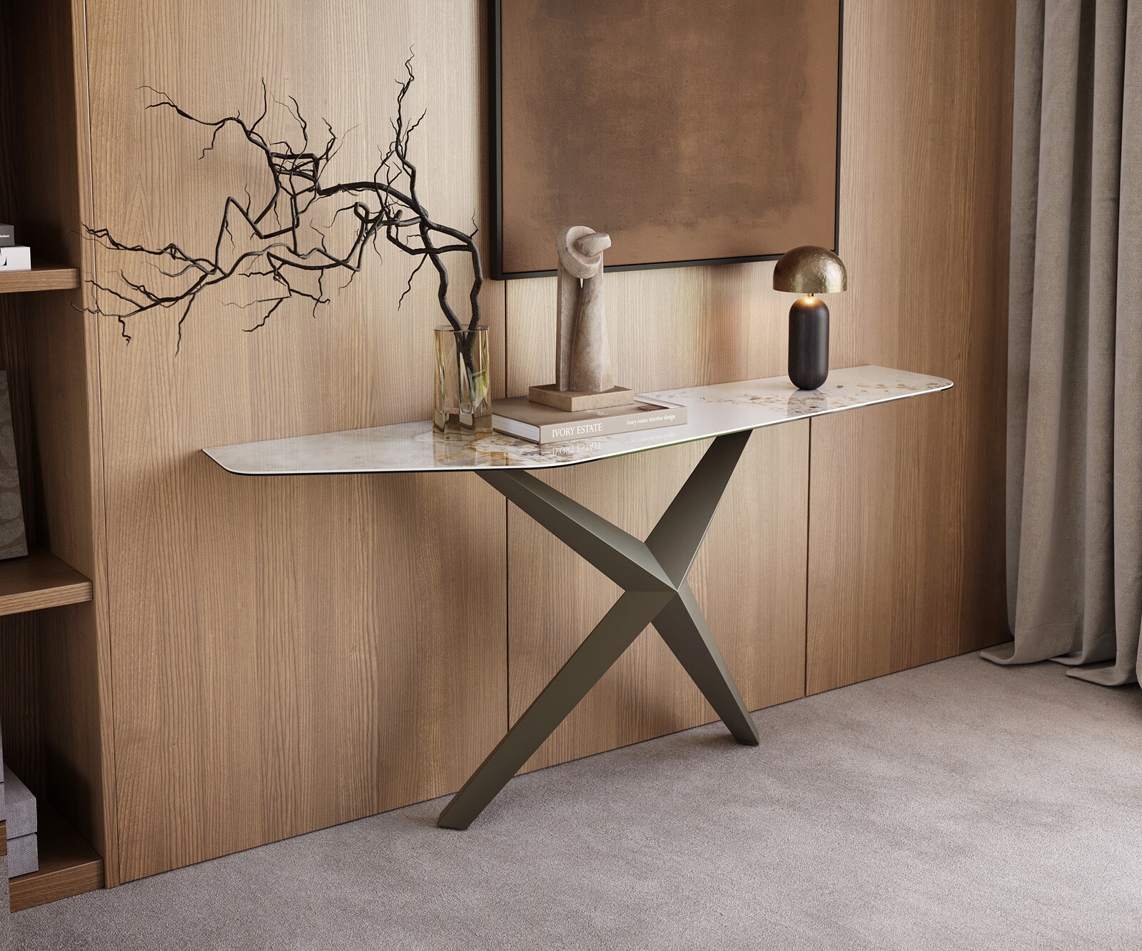 Console Edge Polygonal 180x50 cm Céramique Minas Melange Weiß-Beige Zentharo Métal Effektfinish Titan 4