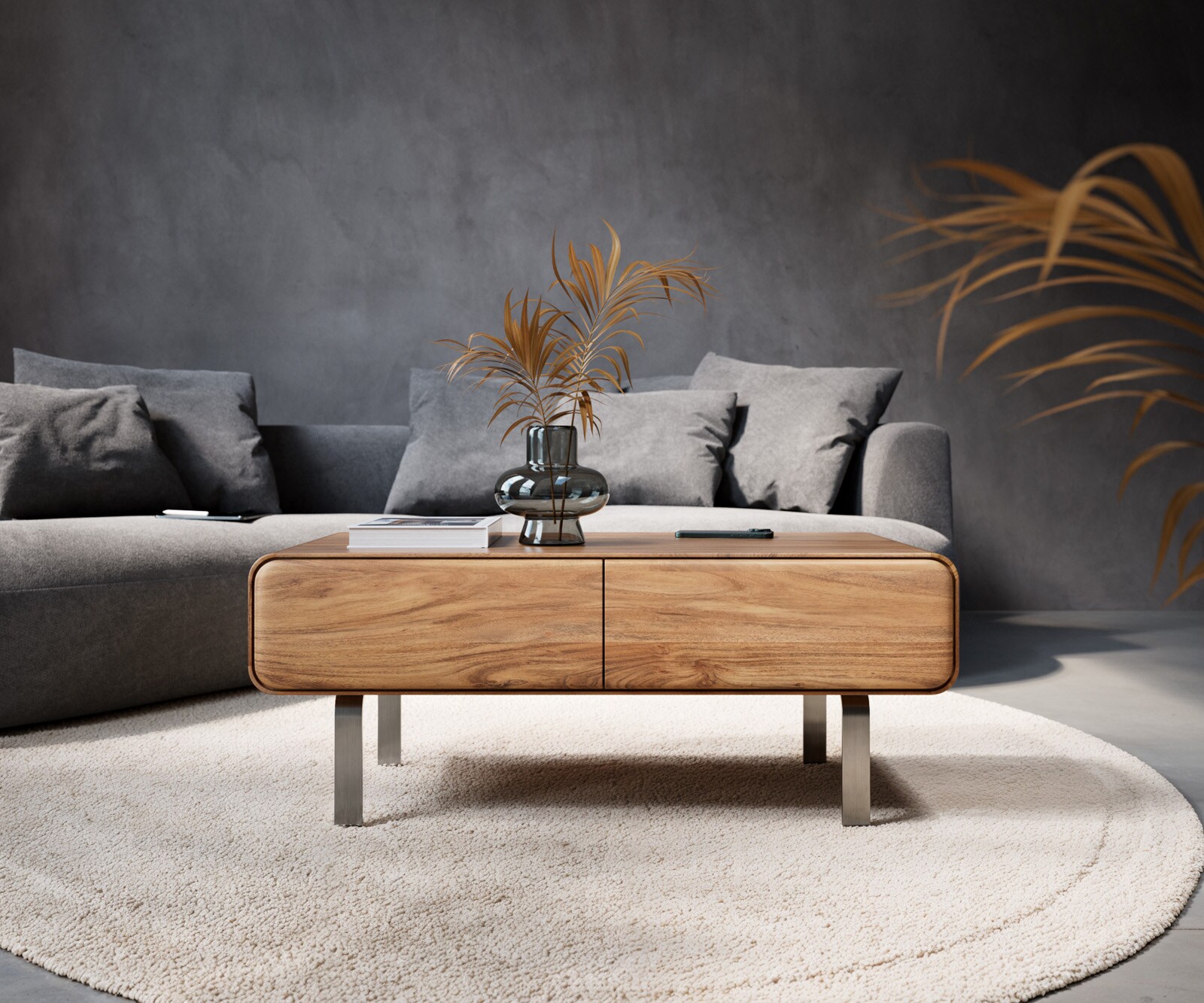 Table-basse Anaya 100x50 cm acacia naturel 2 tiroirs pied en L inoxydable 1