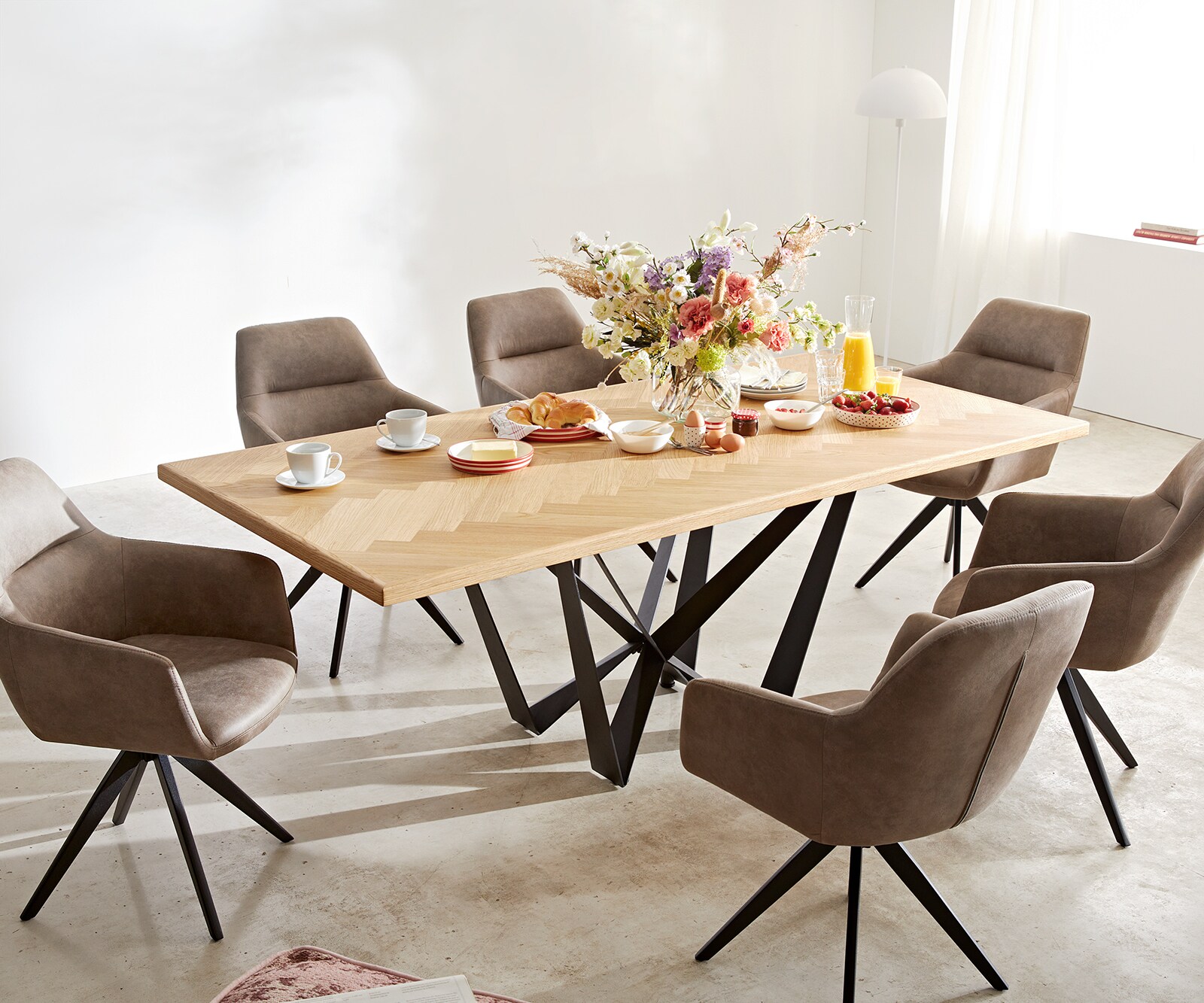 Table à manger Edge-pure 200x100 chêne nature Fishbone Spider acier plat noir 8
