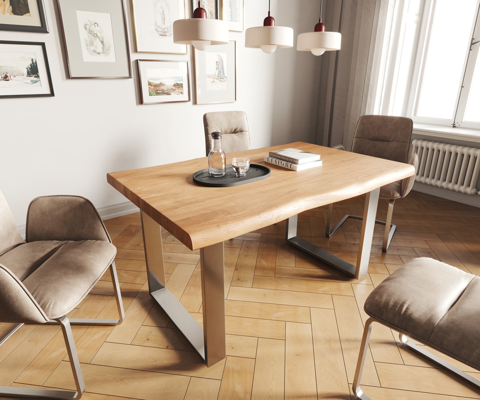 Table-à-manger Edge 140x90 XL acacia nature acier inoxydable mince Live-Edge Table-à-manger Edge 140x90 XL acacia nature acier inoxydable mince Live-Edge