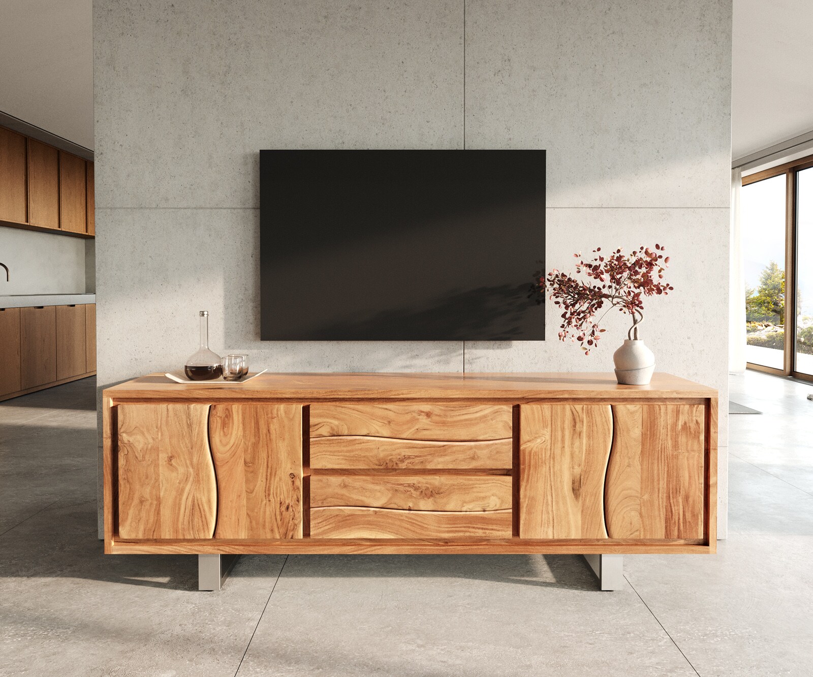 Meuble-TV Live-Edge 200 cm Acacia naturel 4 portes 2 tiroirs 1