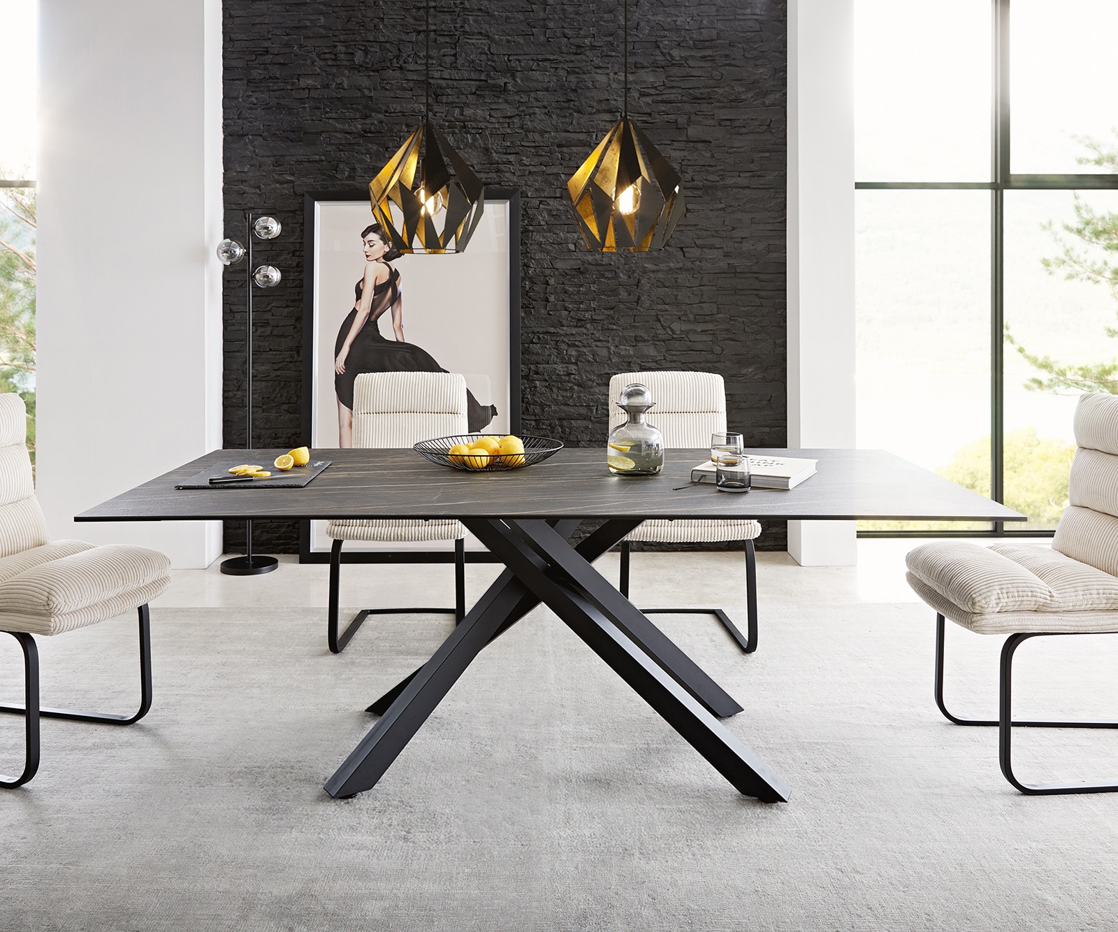 Table-à-manger Edge 200x100cm Laminam® céramique marron pieds milieu croisé noir 9