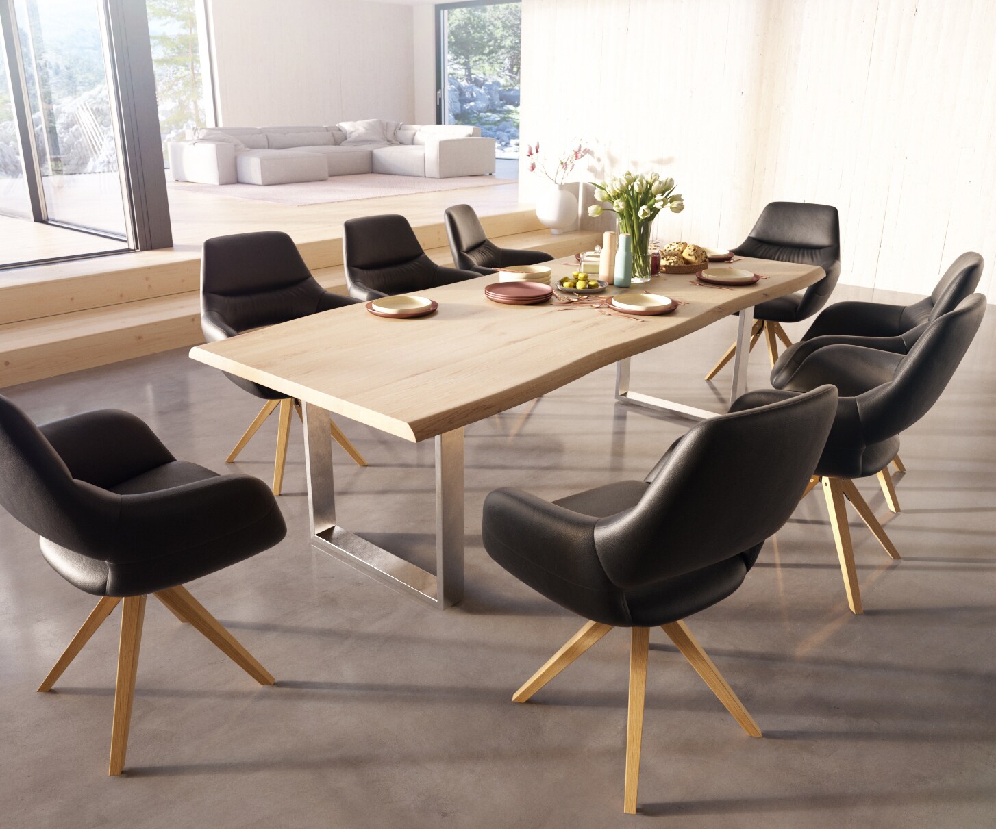 Chaise-de-salle-à-manger Yago-Flex avec accoudoirs cuir de vache noir pied en bois angulaire naturel ressorts ensachés 3 Chaise-de-salle-à-manger Yago-Flex avec accoudoirs cuir de vache noir pied en bois angulaire naturel ressorts ensachés 3