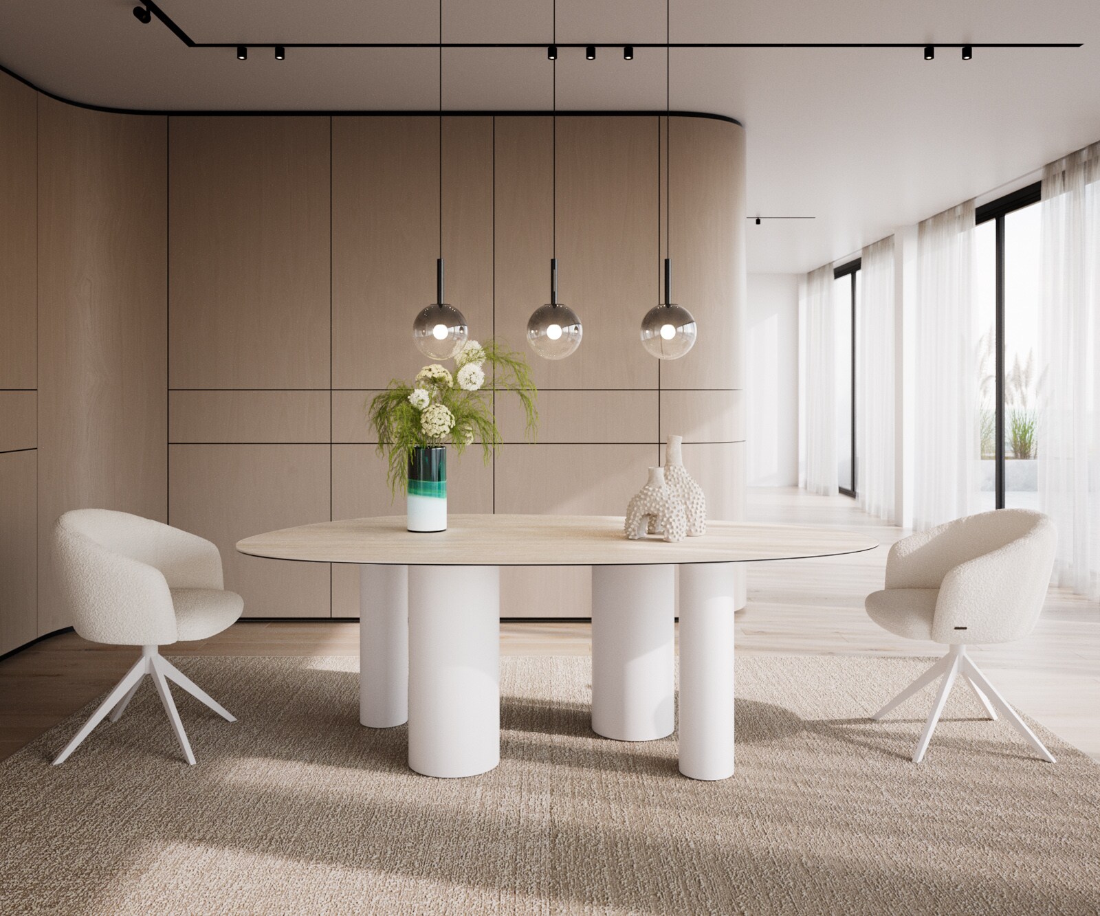 Table à manger Edge Ovale 220x120 Céramique Laminam®Travertino Bianco Crème-Blanc ​Pilier Métal Blanc 2