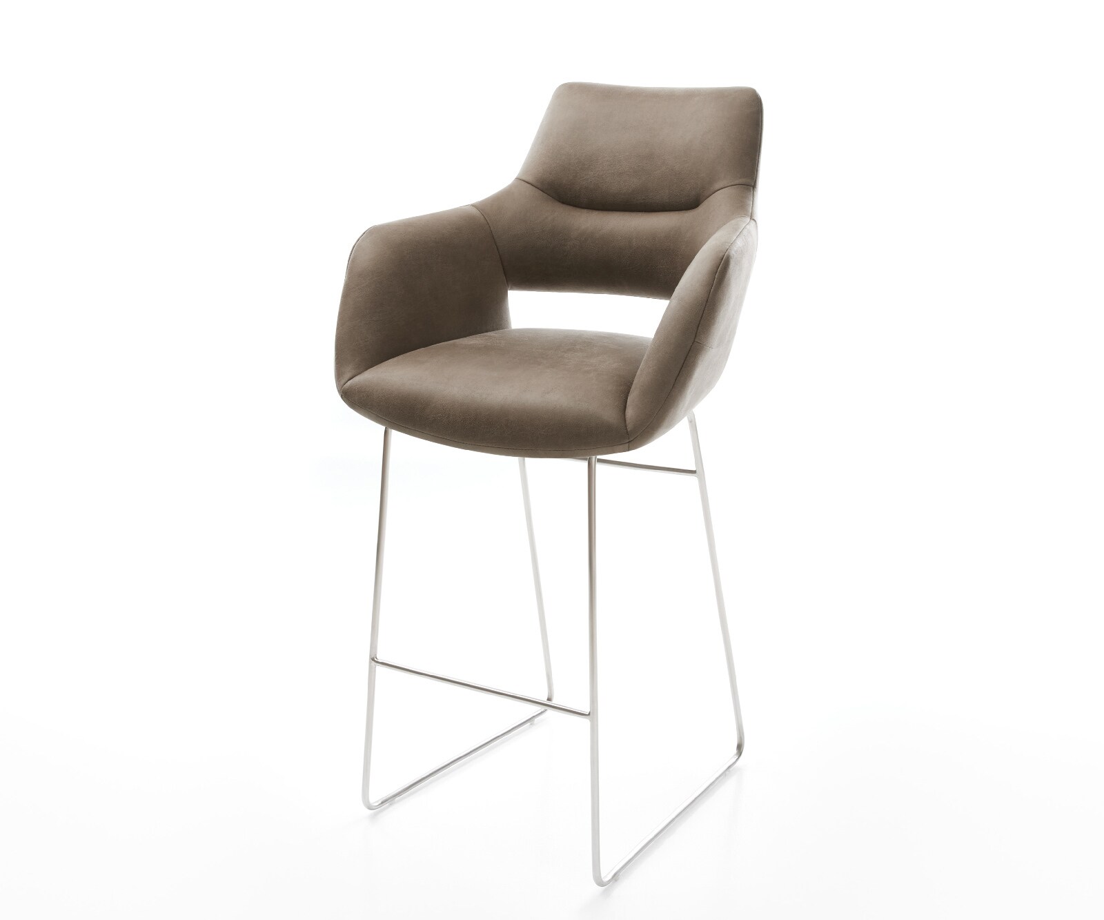 Chaise-de-bar Yago-Flex Microfibre Taupe Vintage Pied trapèze acier inoxydable Argent Ressort ensaché